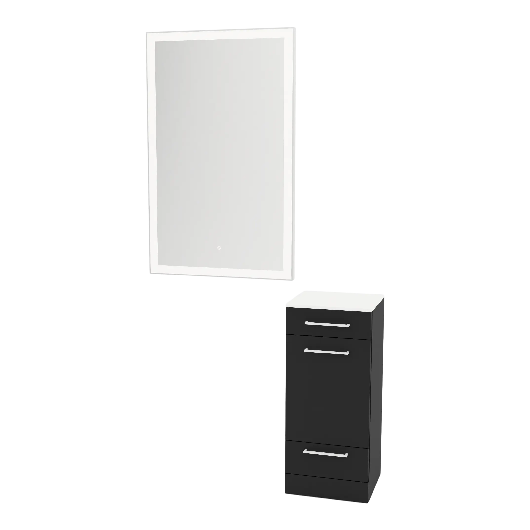 Rococo Mobile Styling Station with Tilt-out Appliance Holder, Solid Surface Countertop, and Silver Rectangle Glo Mirror