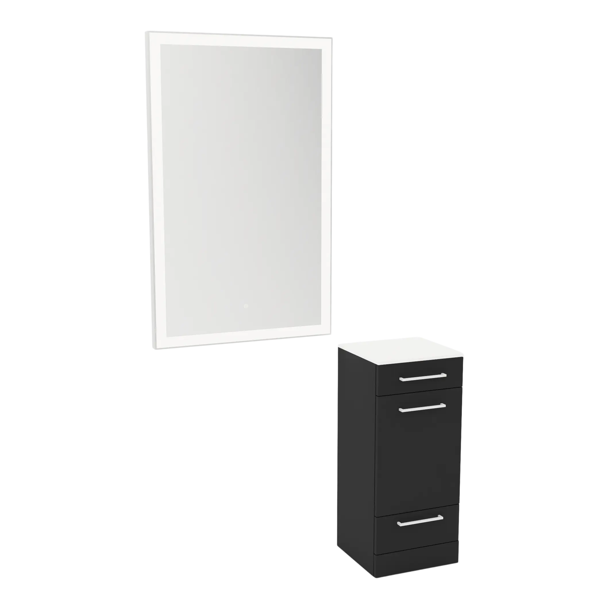 Rococo Mobile Styling Station with Tilt-out Appliance Holder, Solid Surface Countertop, and Silver Rectangle Glo Mirror