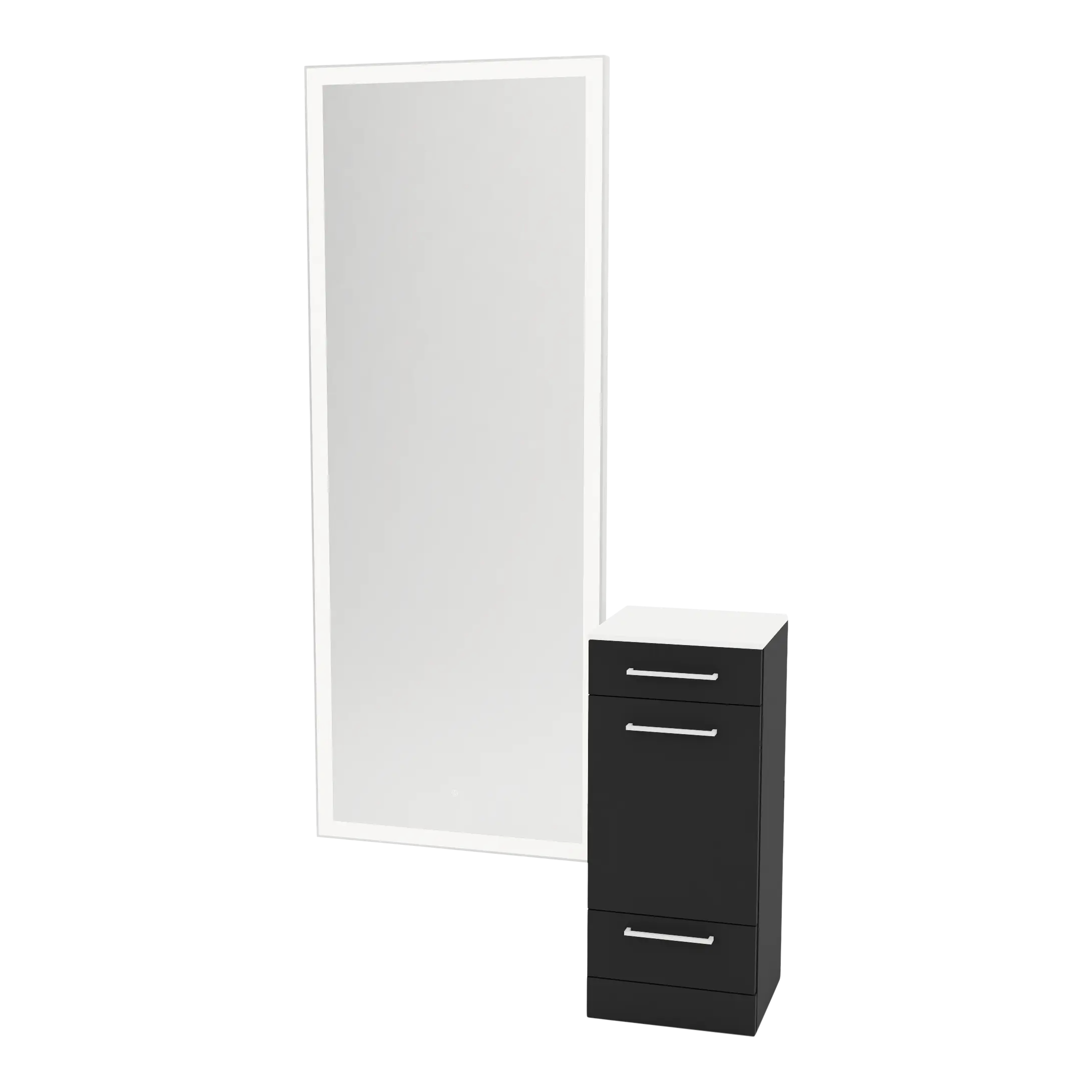 Rococo Mobile Styling Station with Tilt-out Appliance Holder, Solid Surface Countertop, and Silver Full-Length Rectangle Glo Mirror