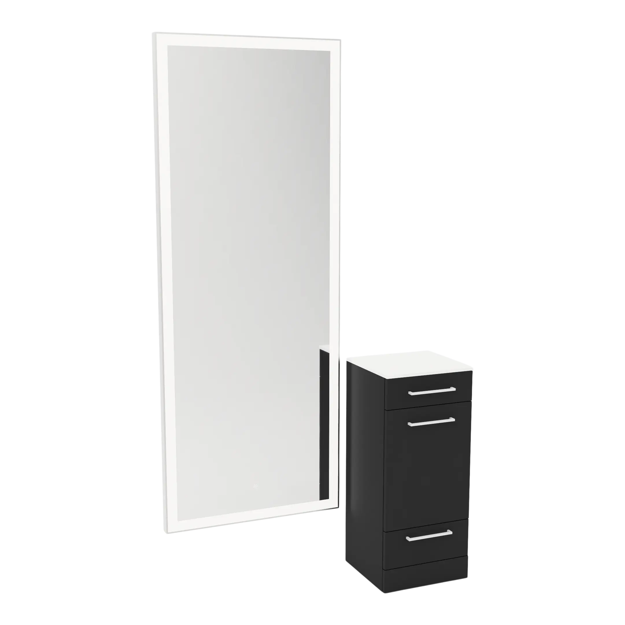 Rococo Mobile Styling Station with Tilt-out Appliance Holder, Solid Surface Countertop, and Silver Full-Length Rectangle Glo Mirror