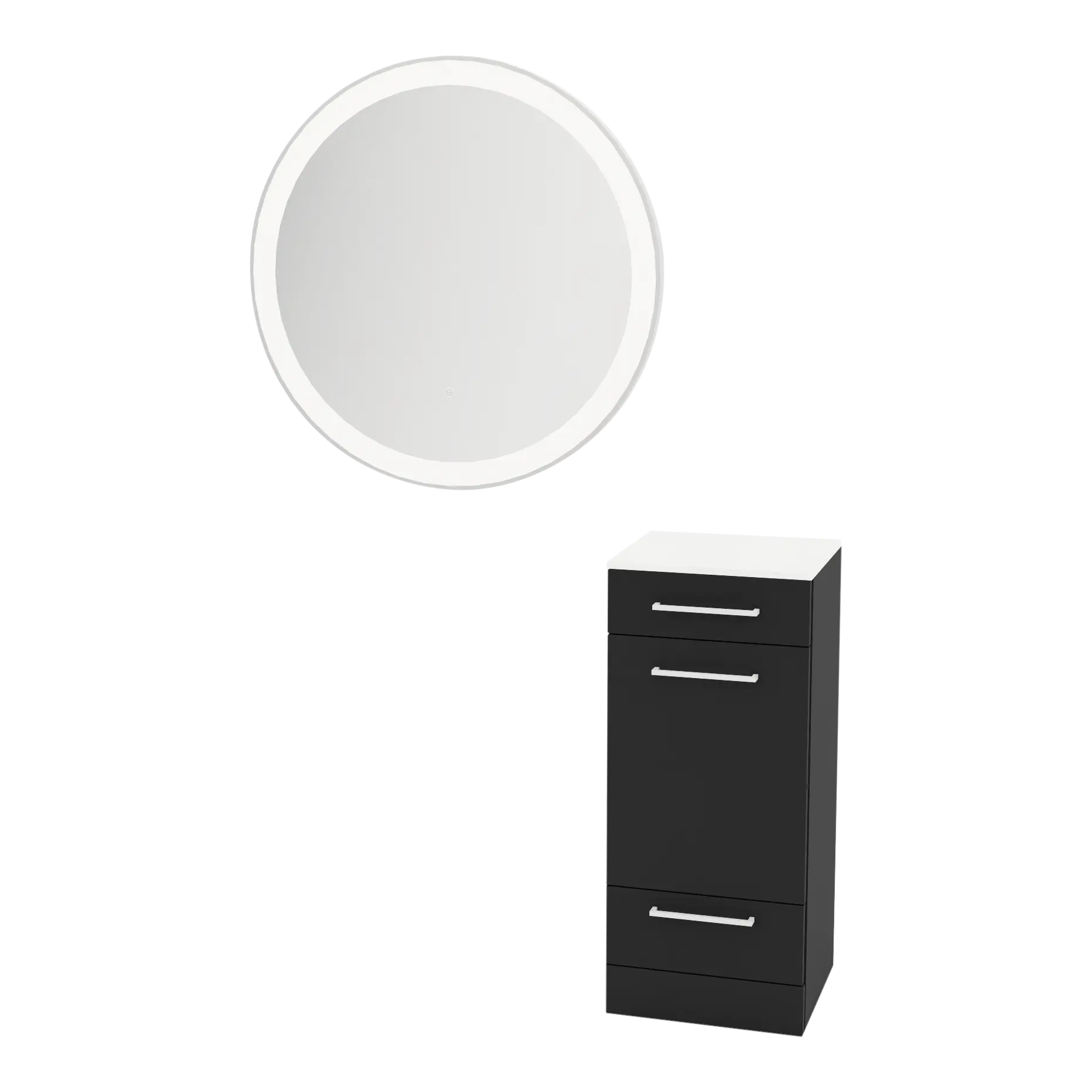 Rococo Mobile Styling Station with Tilt-out Appliance Holder, Solid Surface Countertop, and Silver Round Glo Mirror