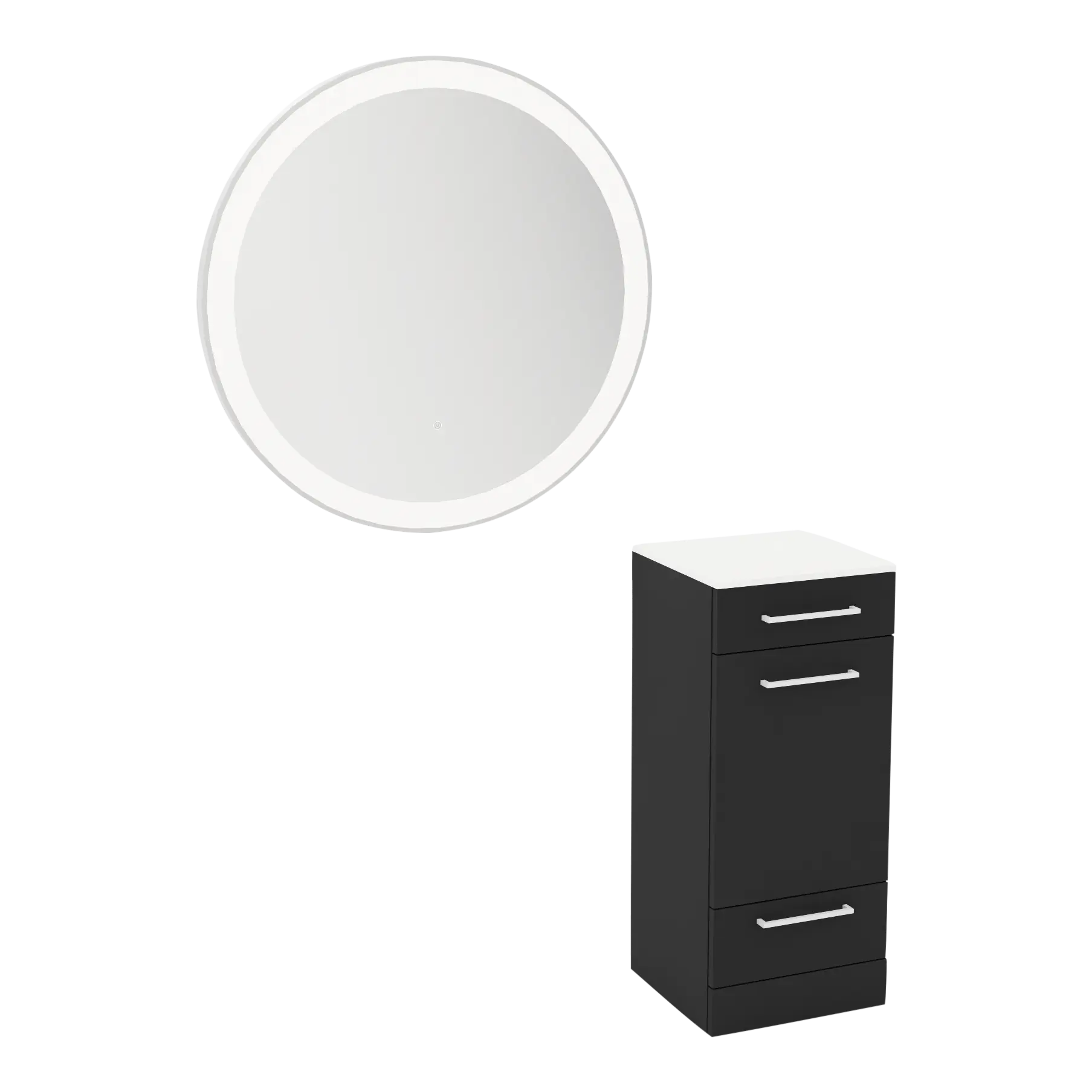 Rococo Mobile Styling Station with Tilt-out Appliance Holder, Solid Surface Countertop, and Silver Round Glo Mirror