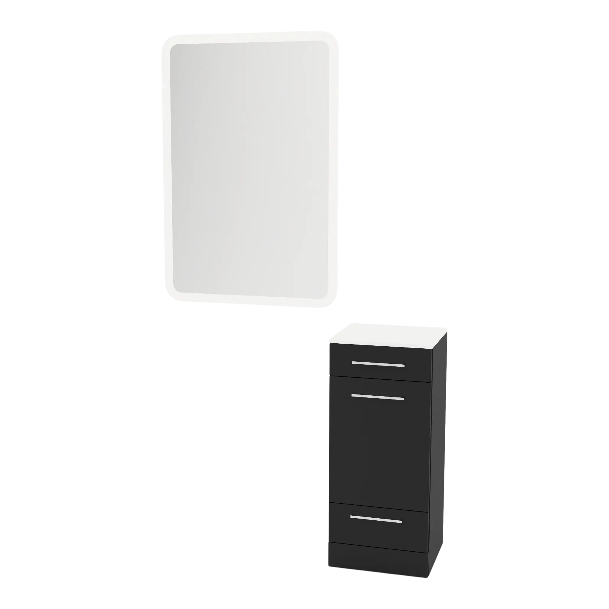 Rococo Mobile Styling Station with Tilt-out Appliance Holder, Solid Surface Countertop, and White Rectangle Illuminate Back Lit Mirror