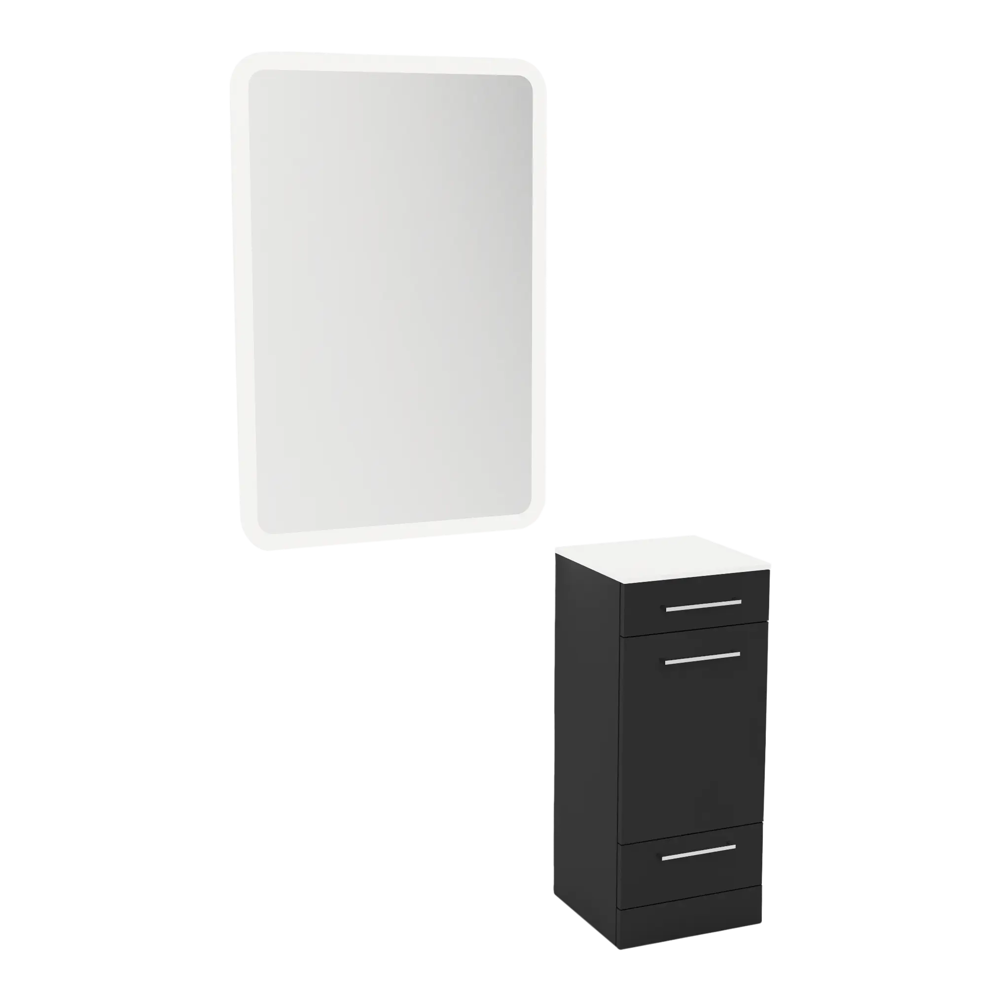 Rococo Mobile Styling Station with Tilt-out Appliance Holder, Solid Surface Countertop, and White Rectangle Illuminate Back Lit Mirror