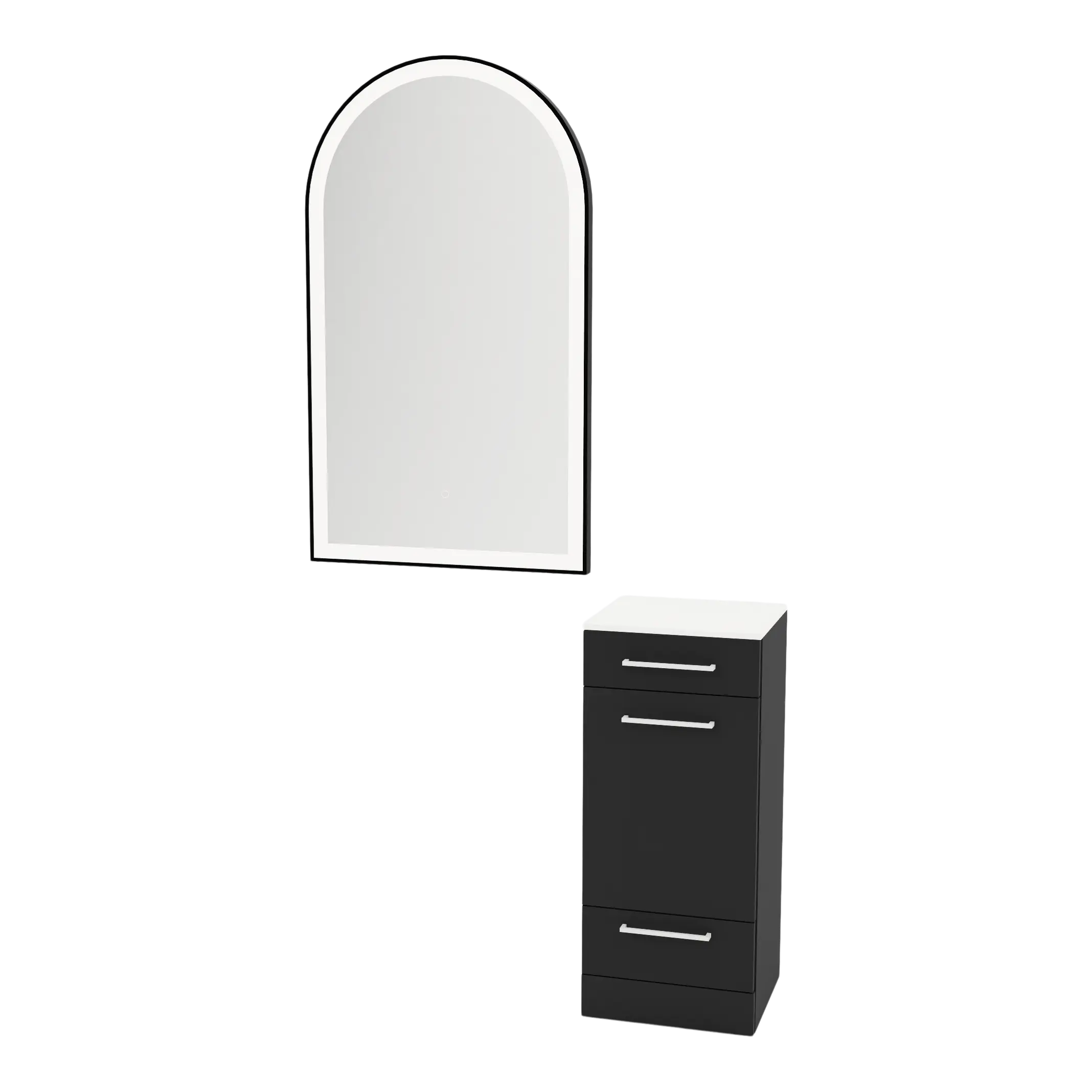 Rococo Mobile Styling Station with Tilt-out Appliance Holder, Solid Surface Countertop, and Black Arch Paloma Mirror