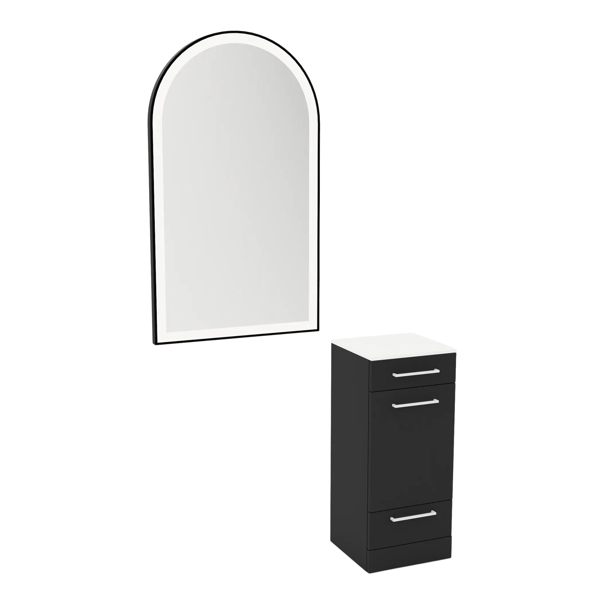 Rococo Mobile Styling Station with Tilt-out Appliance Holder, Solid Surface Countertop, and Black Arch Paloma Mirror