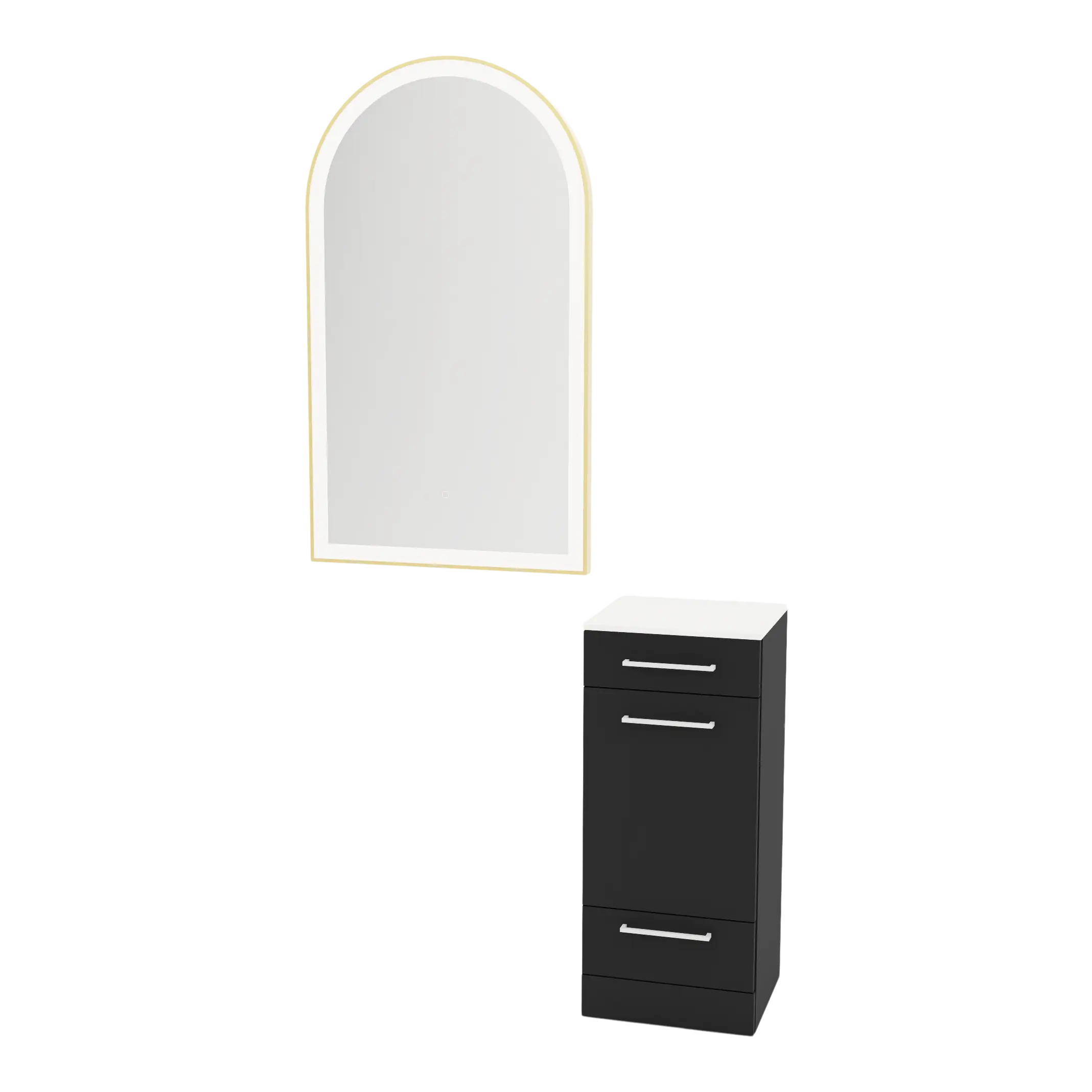 Rococo Mobile Styling Station with Tilt-out Appliance Holder, Solid Surface Countertop, and Gold Arch Paloma Mirror