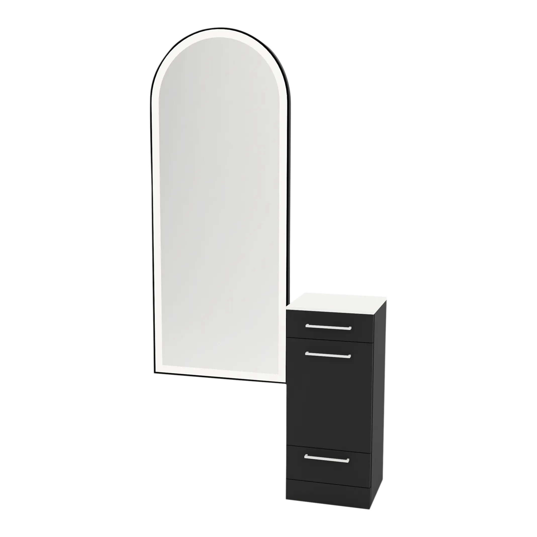 Rococo Mobile Styling Station with Tilt-out Appliance Holder, Solid Surface Countertop, and Black Full-Length Arch Paloma Mirror