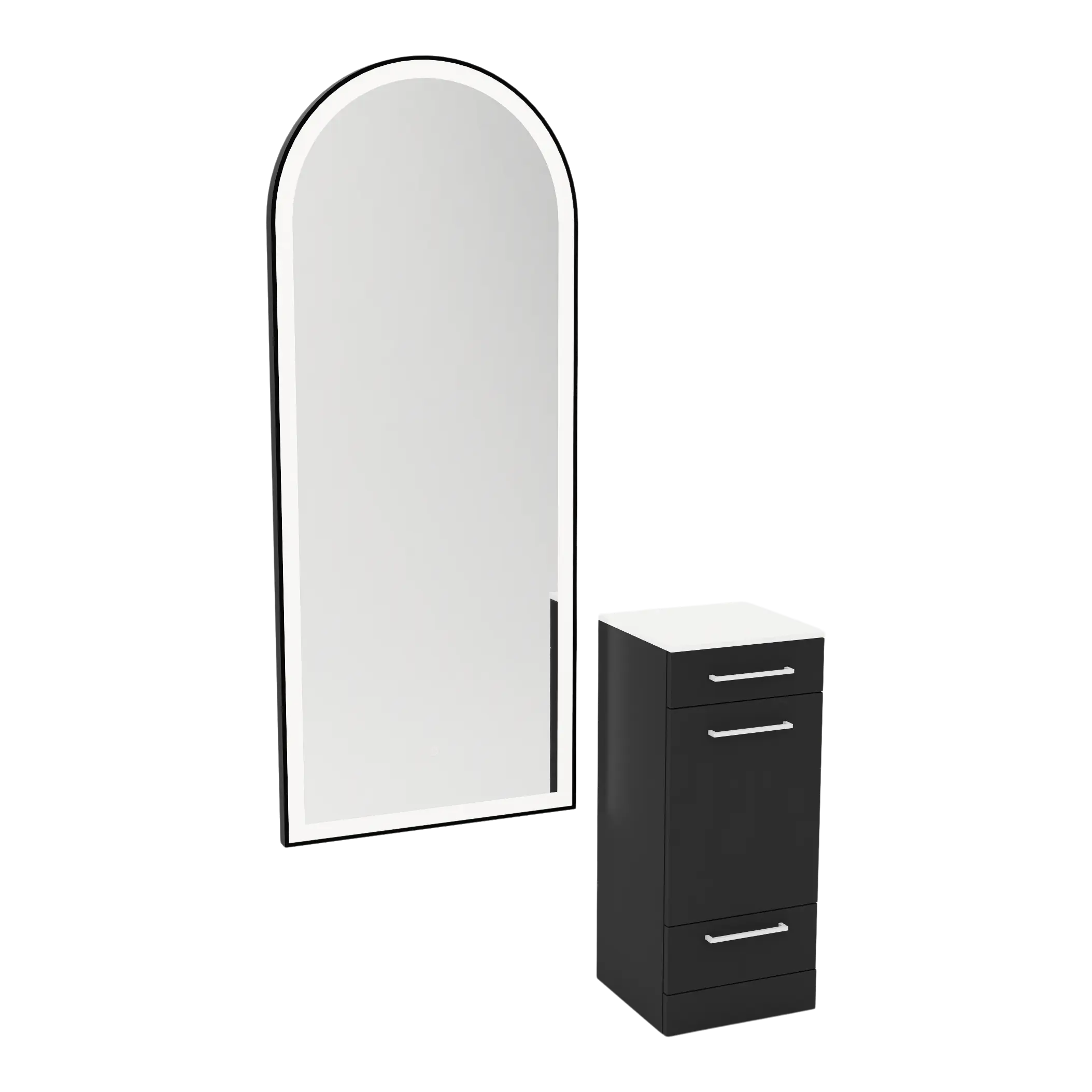 Rococo Mobile Styling Station with Tilt-out Appliance Holder, Solid Surface Countertop, and Black Full-Length Arch Paloma Mirror