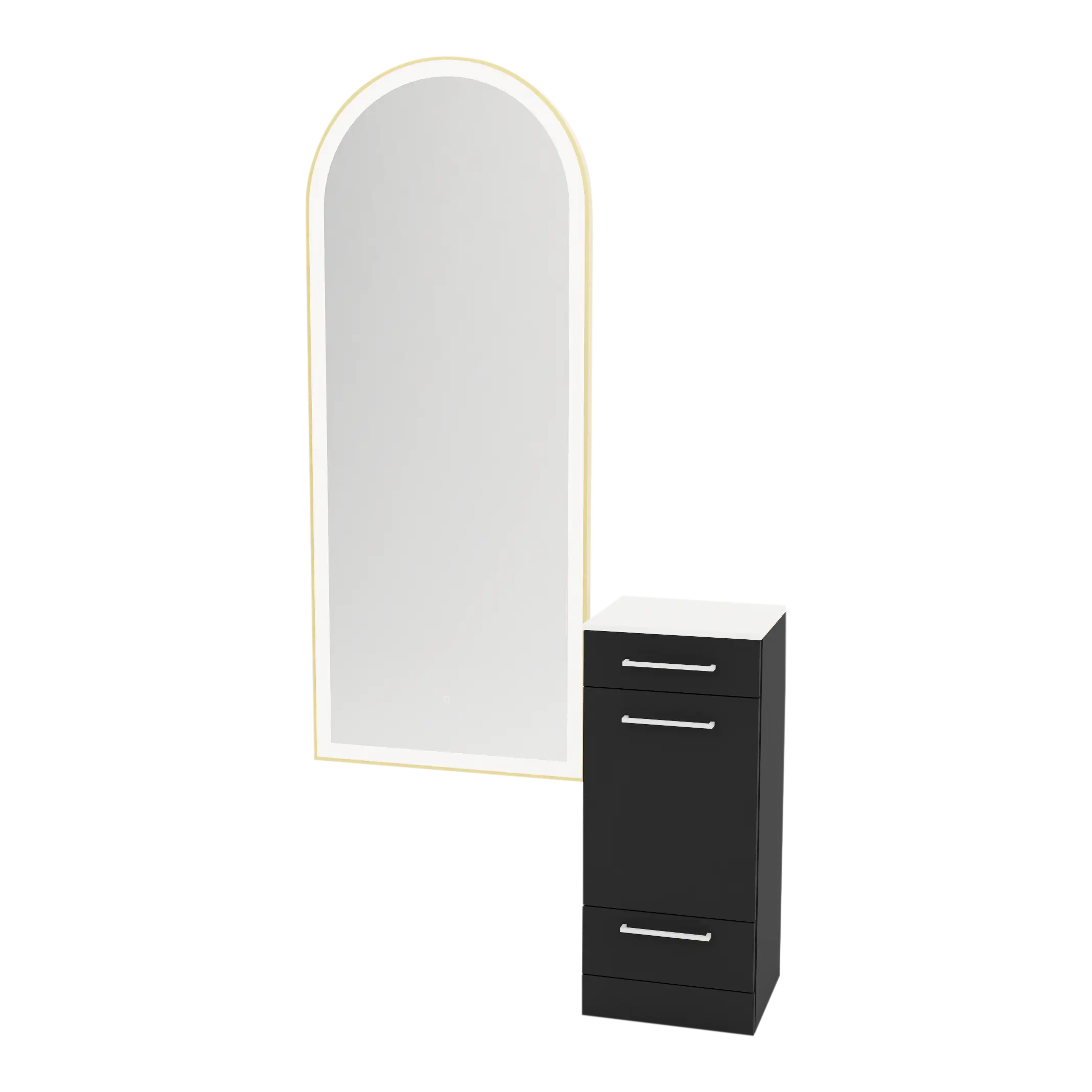 Rococo Mobile Styling Station with Tilt-out Appliance Holder, Solid Surface Countertop, and Gold Full-Length Arch Paloma Mirror