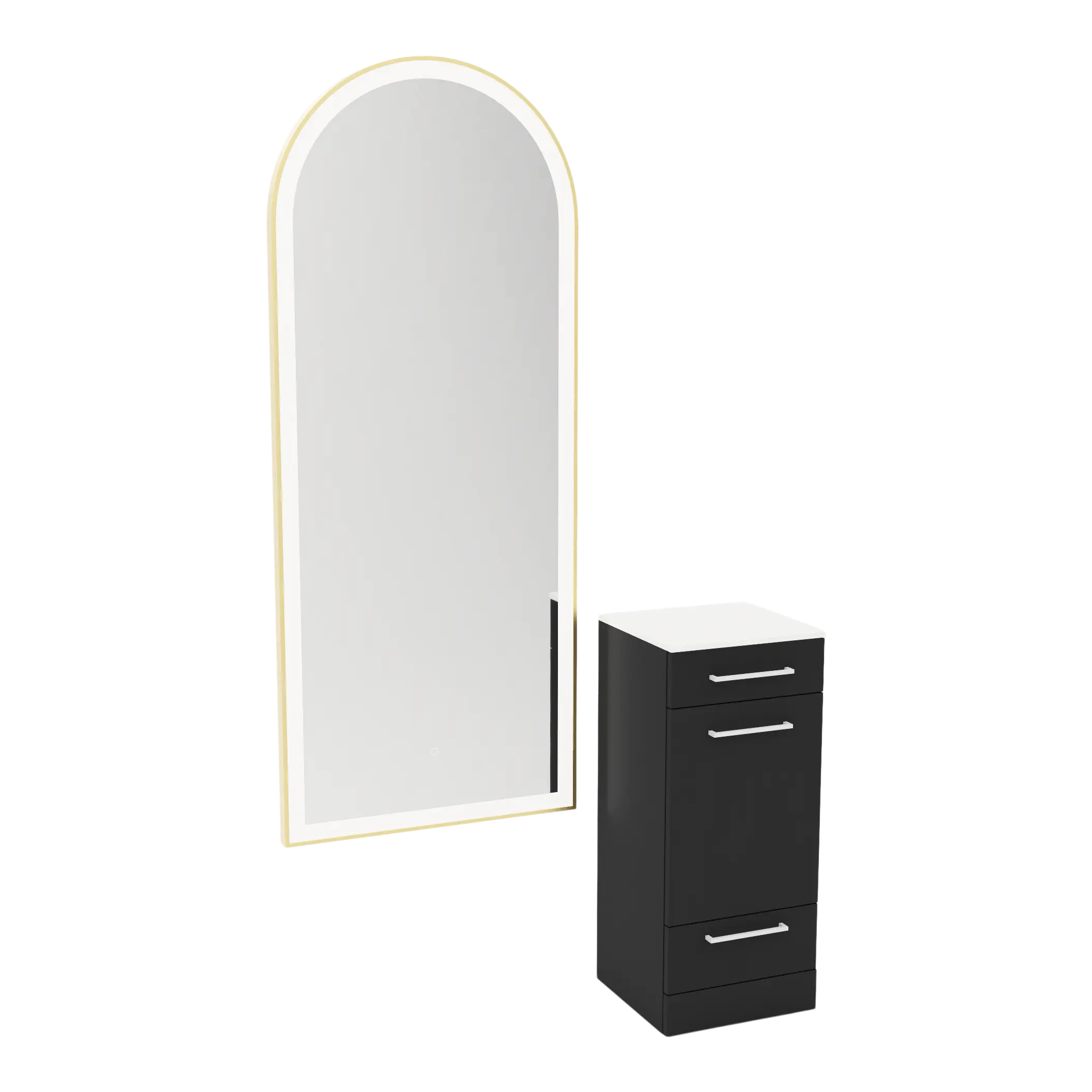 Rococo Mobile Styling Station with Tilt-out Appliance Holder, Solid Surface Countertop, and Gold Full-Length Arch Paloma Mirror