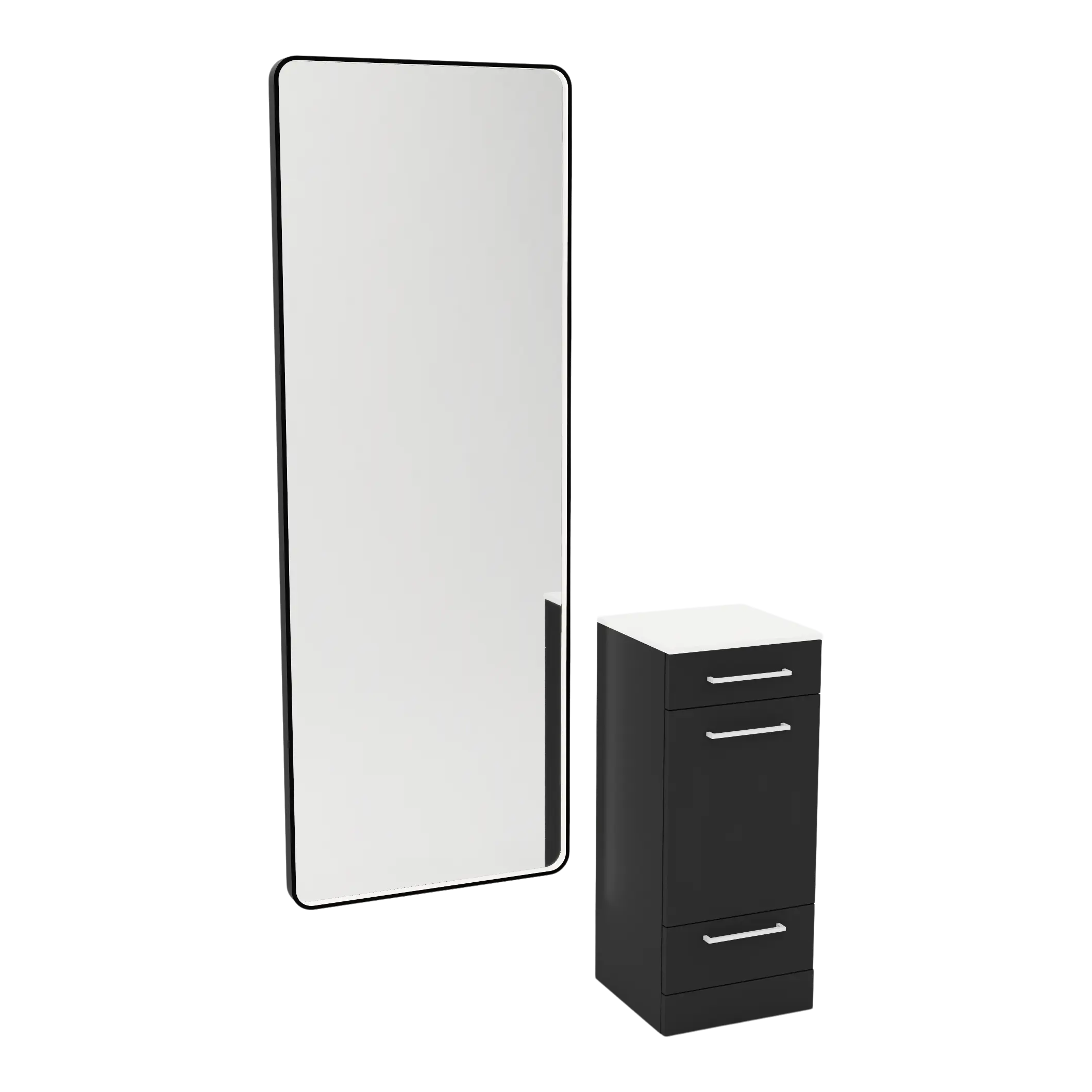 Rococo Mobile Styling Station with Tilt-out Appliance Holder, Solid Surface Countertop, and Black Full-Length Rectangle Westin Mirror