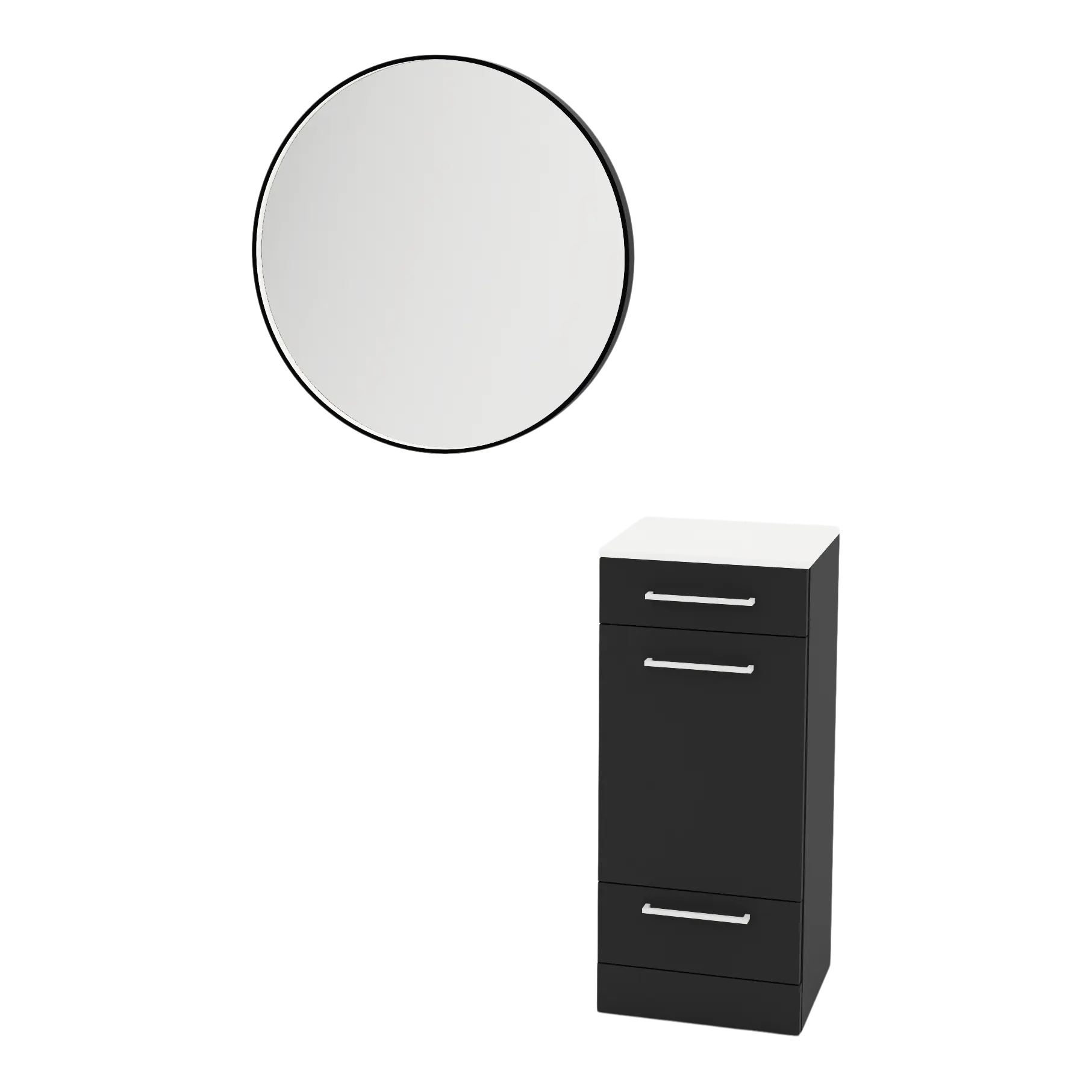Rococo Mobile Styling Station with Tilt-out Appliance Holder, Solid Surface Countertop, and Black Round Westin Mirror