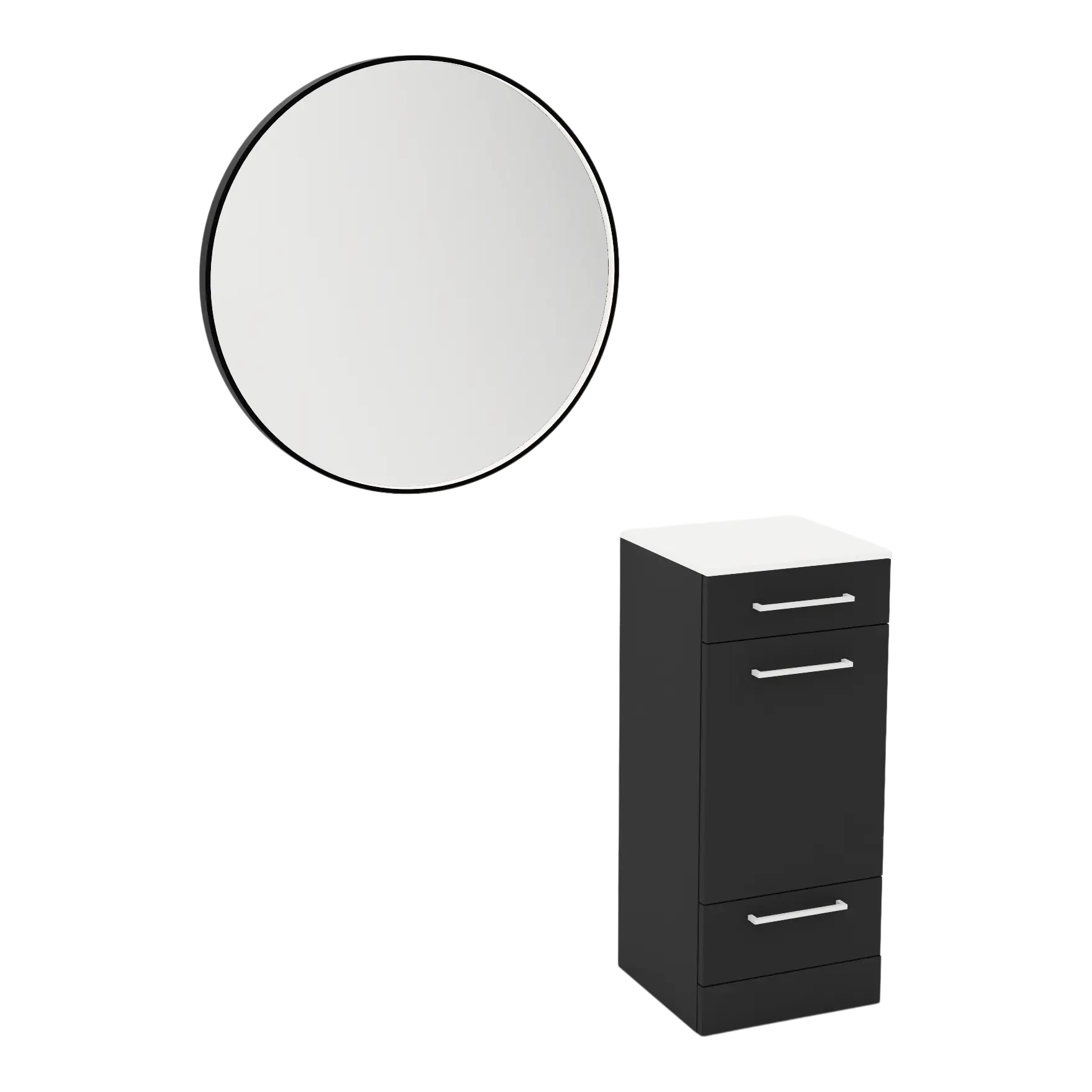 Rococo Mobile Styling Station with Tilt-out Appliance Holder, Solid Surface Countertop, and Black Round Westin Mirror