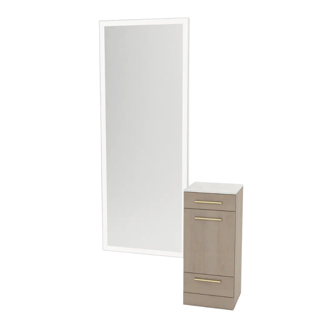 Rococo Mobile Styling Station with Tilt-out Appliance Holder, Solid Surface Countertop, and Silver Full-Length Rectangle Glo Mirror