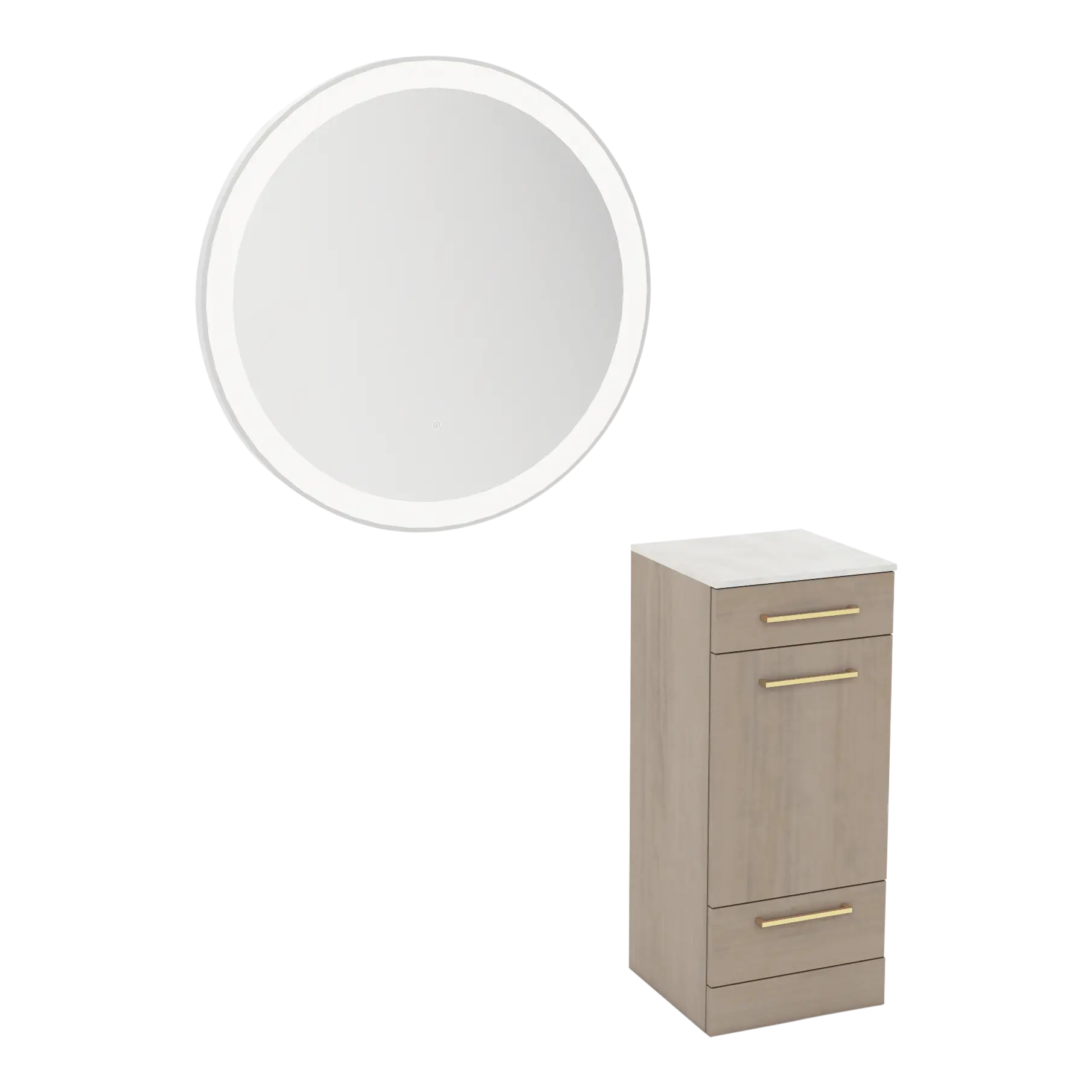 Rococo Mobile Styling Station with Tilt-out Appliance Holder, Solid Surface Countertop, and Silver Round Glo Mirror