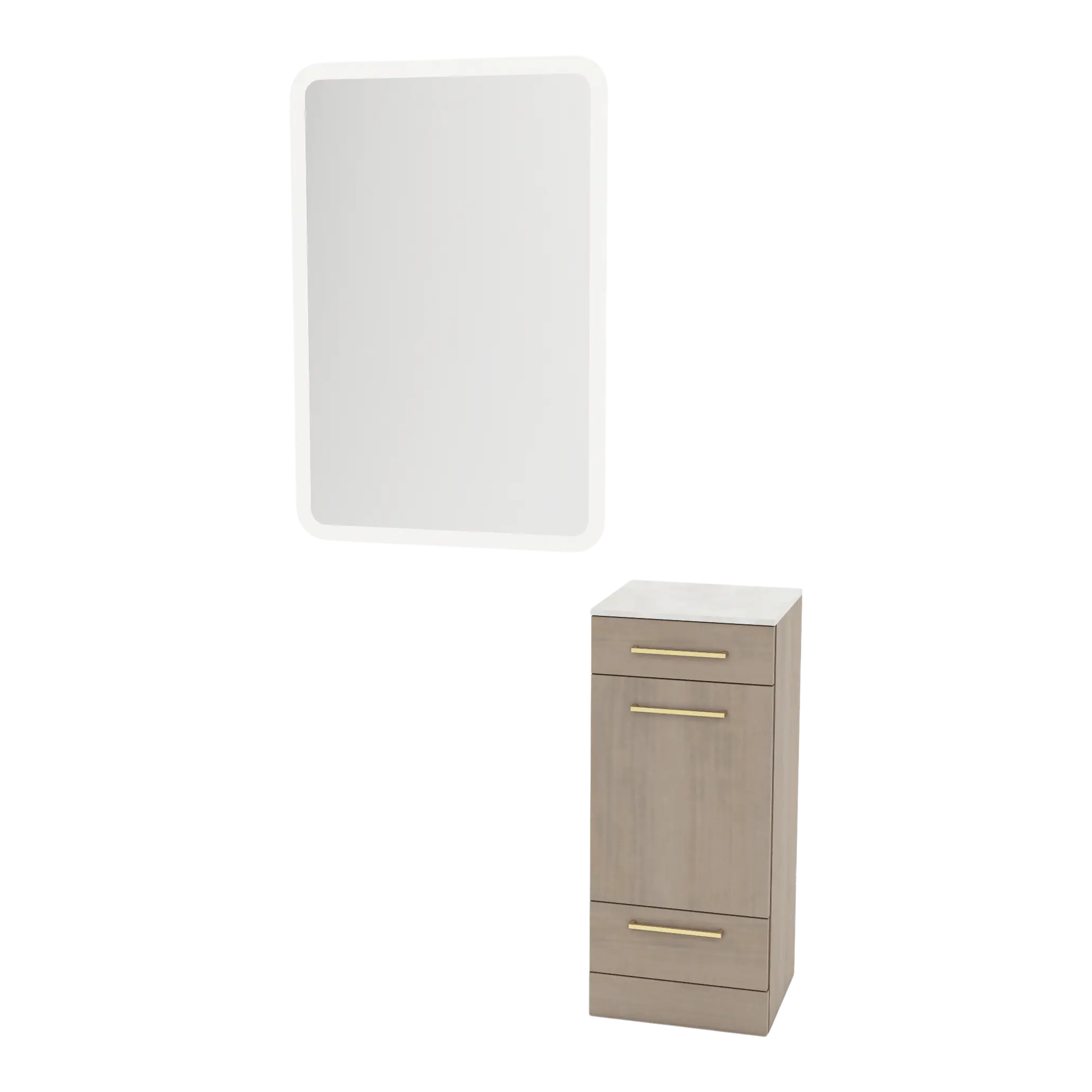 Rococo Mobile Styling Station with Tilt-out Appliance Holder, Solid Surface Countertop, and White Rectangle Illuminate Back Lit Mirror