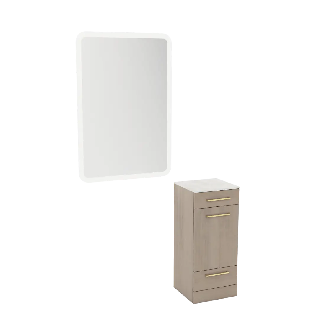 Rococo Mobile Styling Station with Tilt-out Appliance Holder, Solid Surface Countertop, and White Rectangle Illuminate Back Lit Mirror