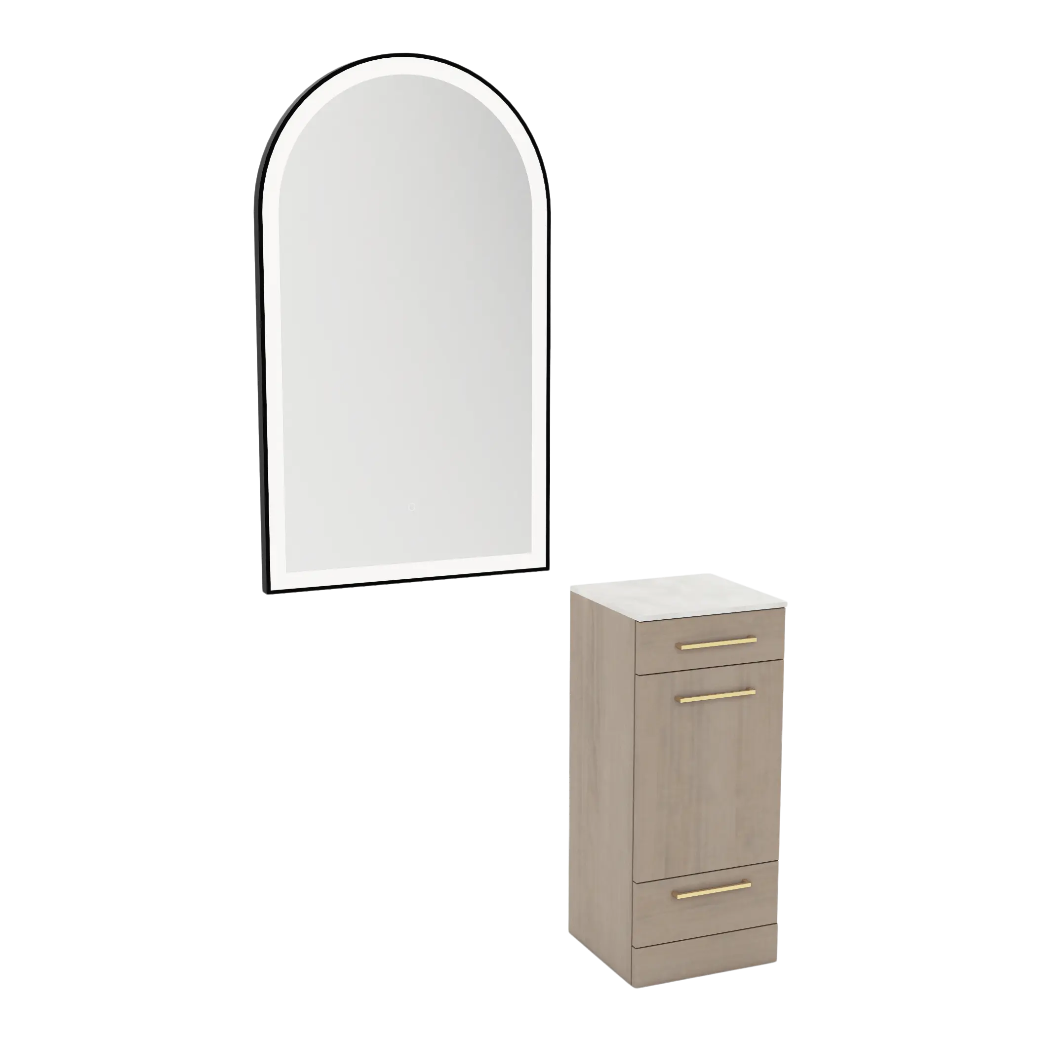 Rococo Mobile Styling Station with Tilt-out Appliance Holder, Solid Surface Countertop, and Black Arch Paloma Mirror