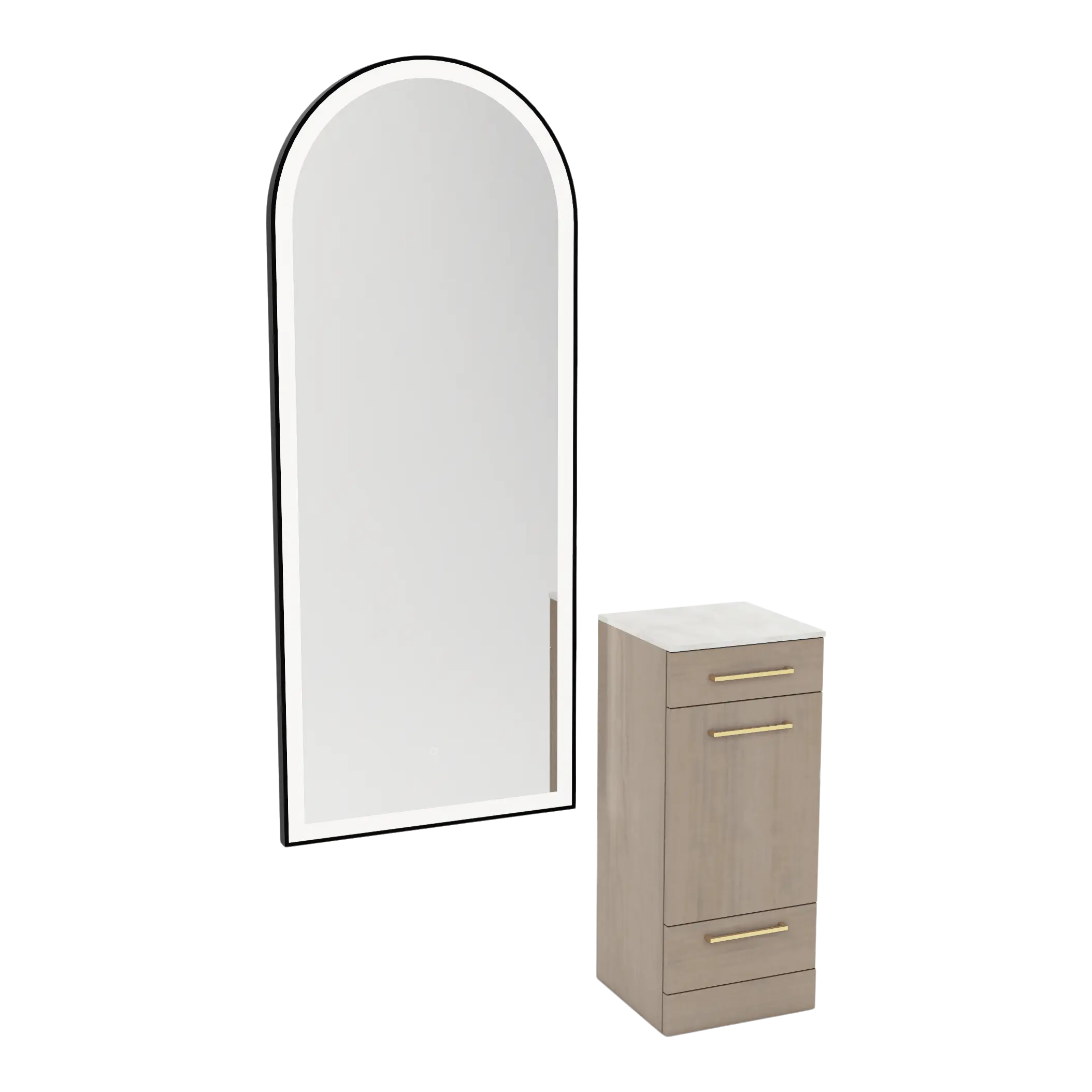 Rococo Mobile Styling Station with Tilt-out Appliance Holder, Solid Surface Countertop, and Black Full-Length Arch Paloma Mirror
