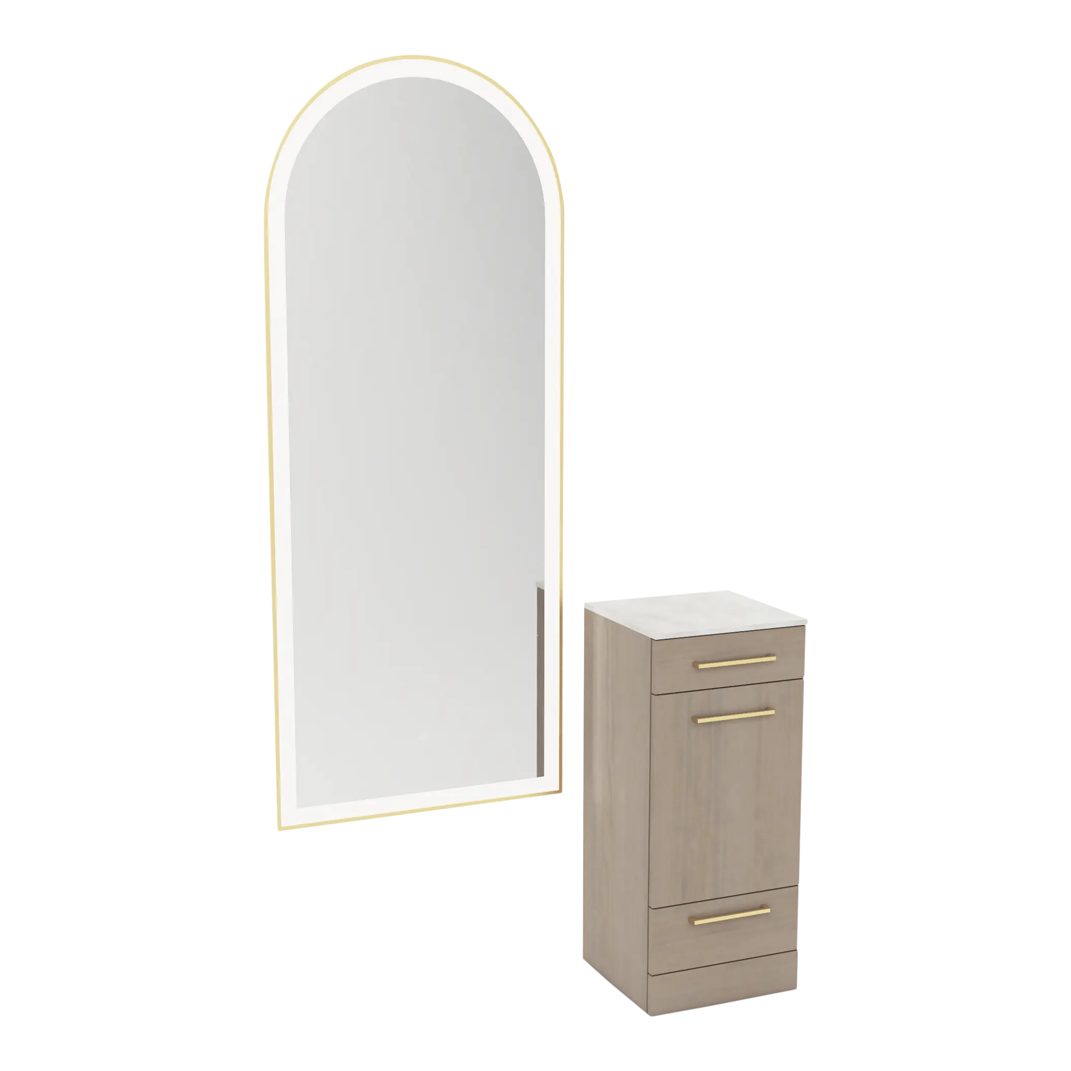 Rococo Mobile Styling Station with Tilt-out Appliance Holder, Solid Surface Countertop, and Gold Full-Length Arch Paloma Mirror