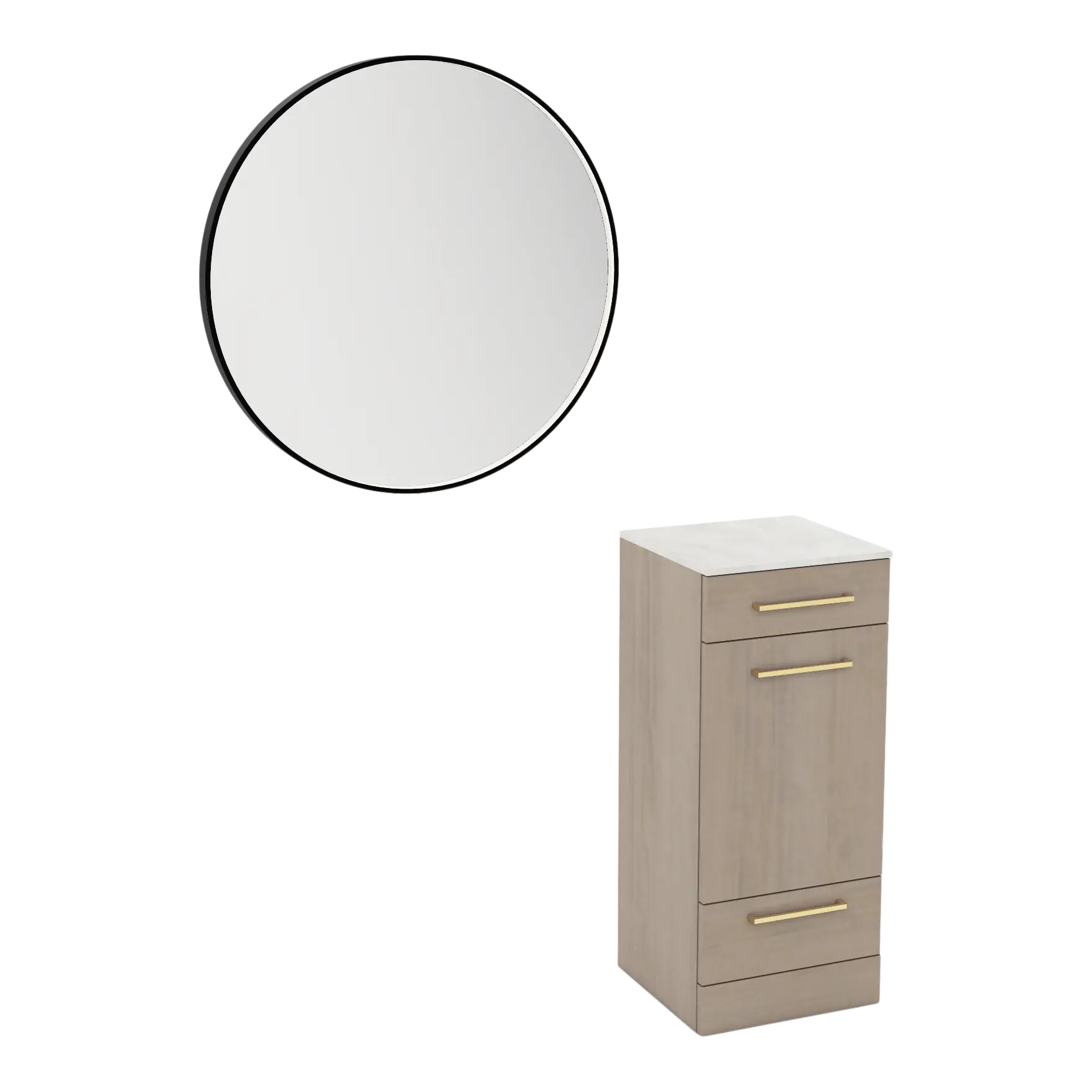 Rococo Mobile Styling Station with Tilt-out Appliance Holder, Solid Surface Countertop, and Black Round Westin Mirror