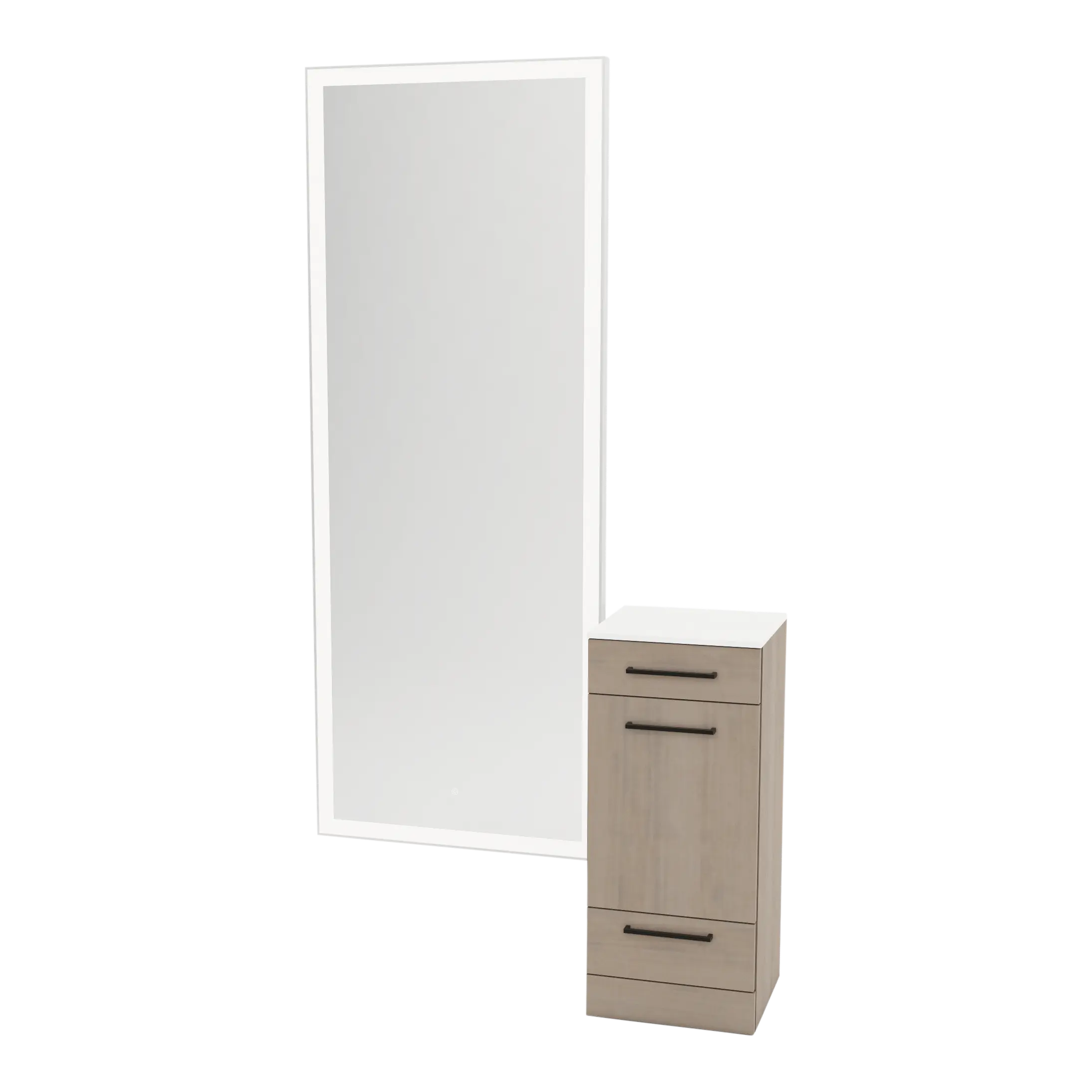 Rococo Mobile Styling Station with Tilt-out Appliance Holder, Solid Surface Countertop, and Silver Full-Length Rectangle Glo Mirror