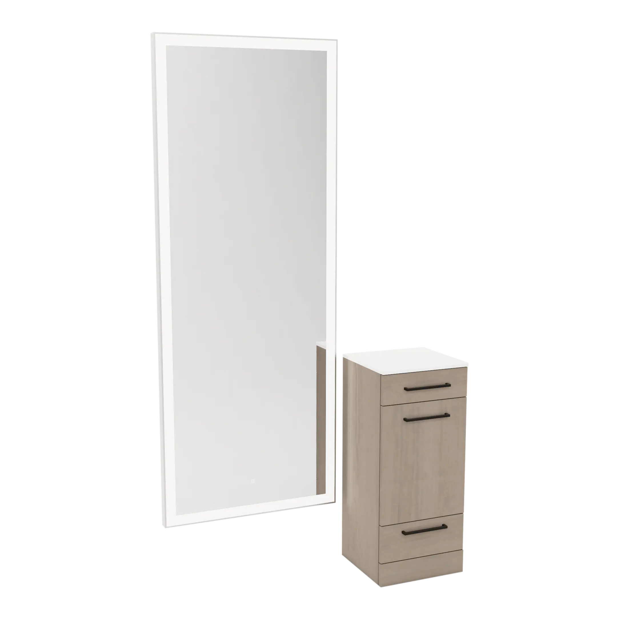 Rococo Mobile Styling Station with Tilt-out Appliance Holder, Solid Surface Countertop, and Silver Full-Length Rectangle Glo Mirror