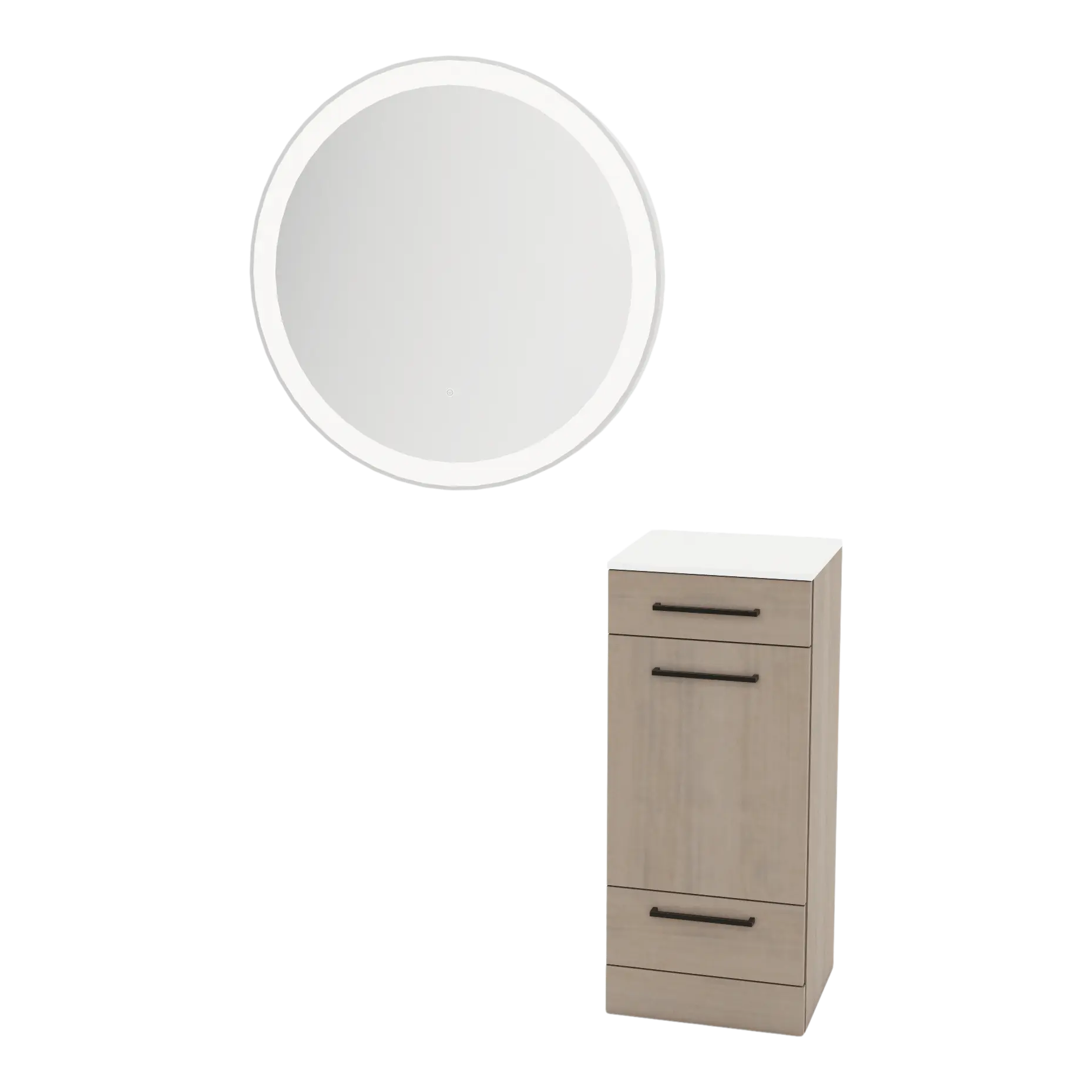 Rococo Mobile Styling Station with Tilt-out Appliance Holder, Solid Surface Countertop, and Silver Round Glo Mirror