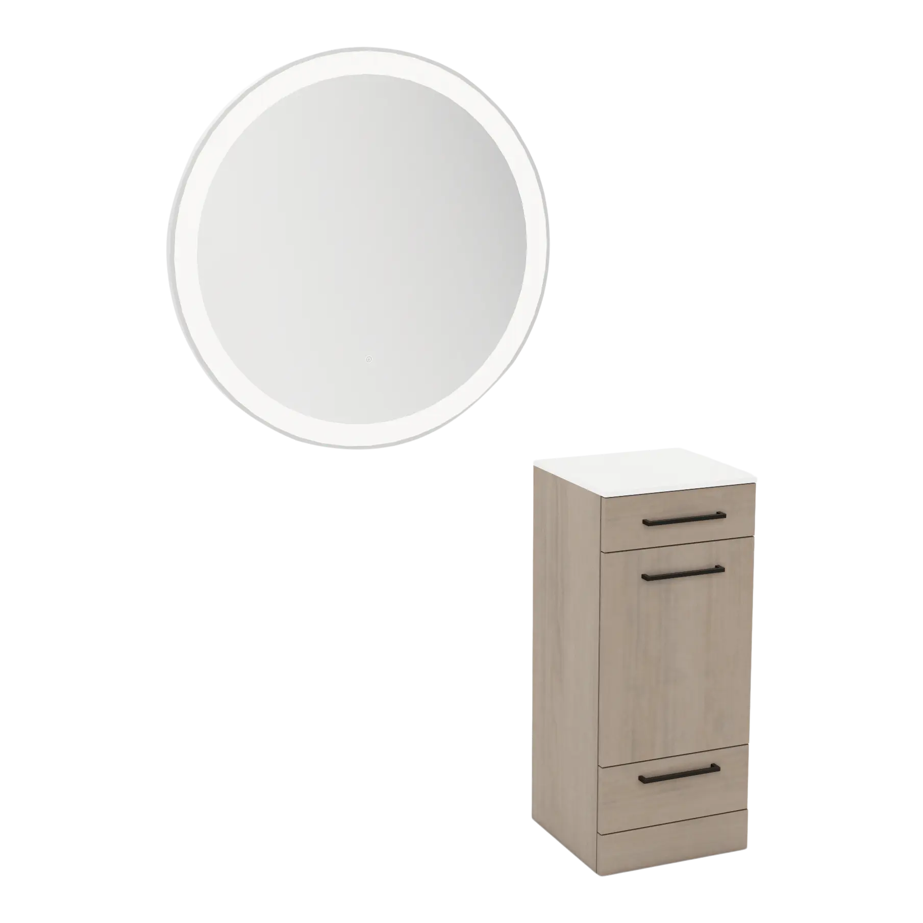 Rococo Mobile Styling Station with Tilt-out Appliance Holder, Solid Surface Countertop, and Silver Round Glo Mirror