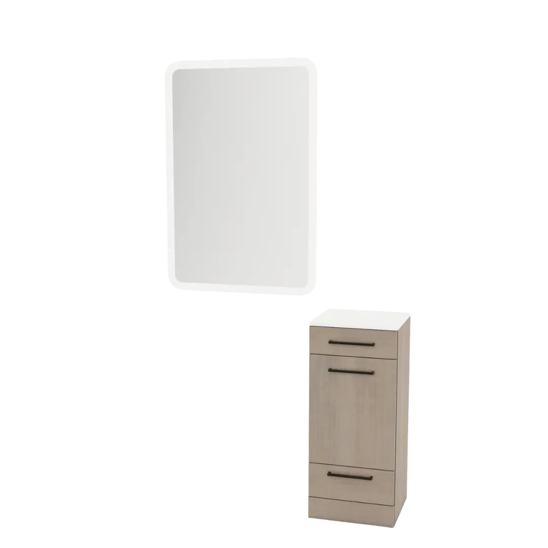 Rococo Mobile Styling Station with Tilt-out Appliance Holder, Solid Surface Countertop, and White Rectangle Illuminate Back Lit Mirror