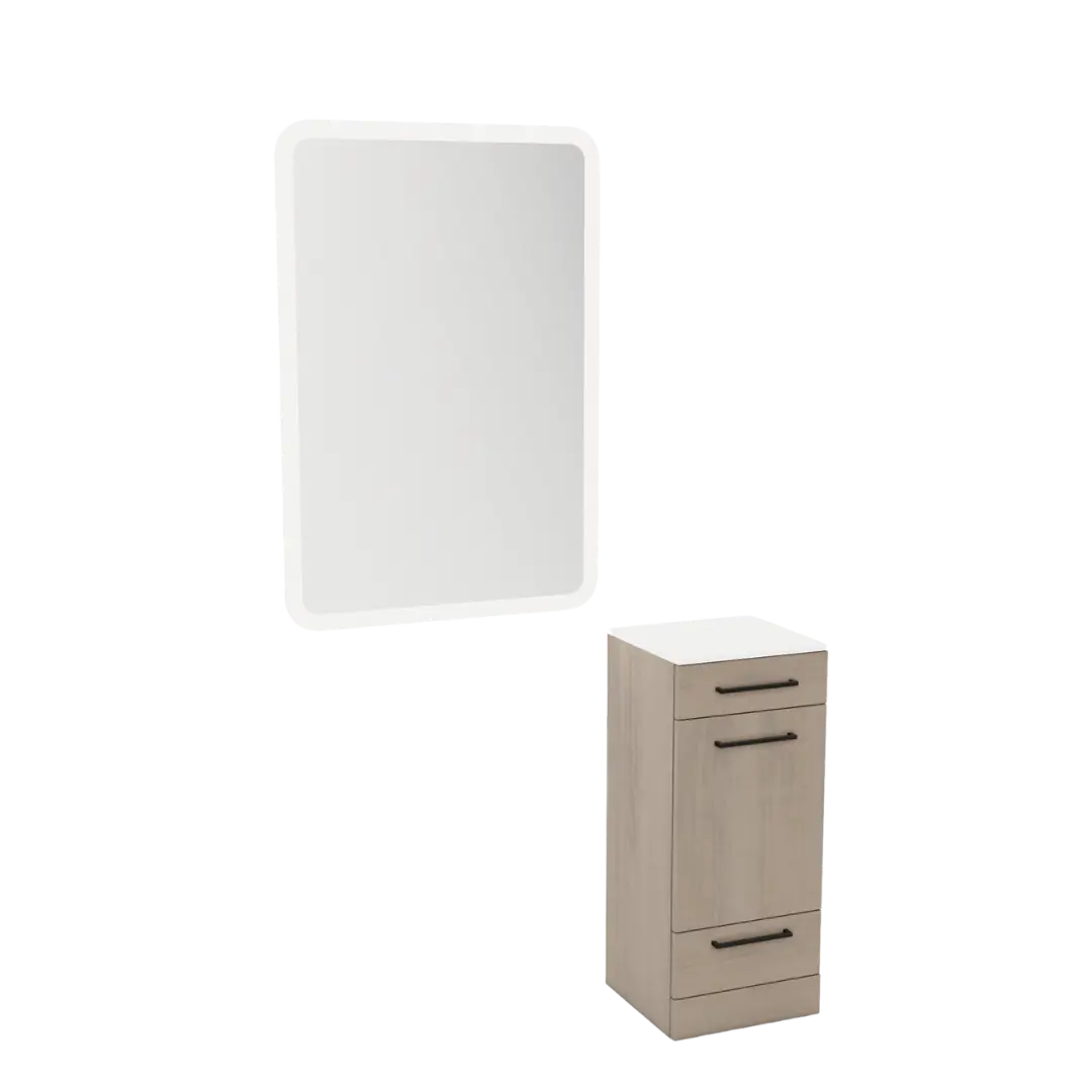 Rococo Mobile Styling Station with Tilt-out Appliance Holder, Solid Surface Countertop, and White Rectangle Illuminate Back Lit Mirror