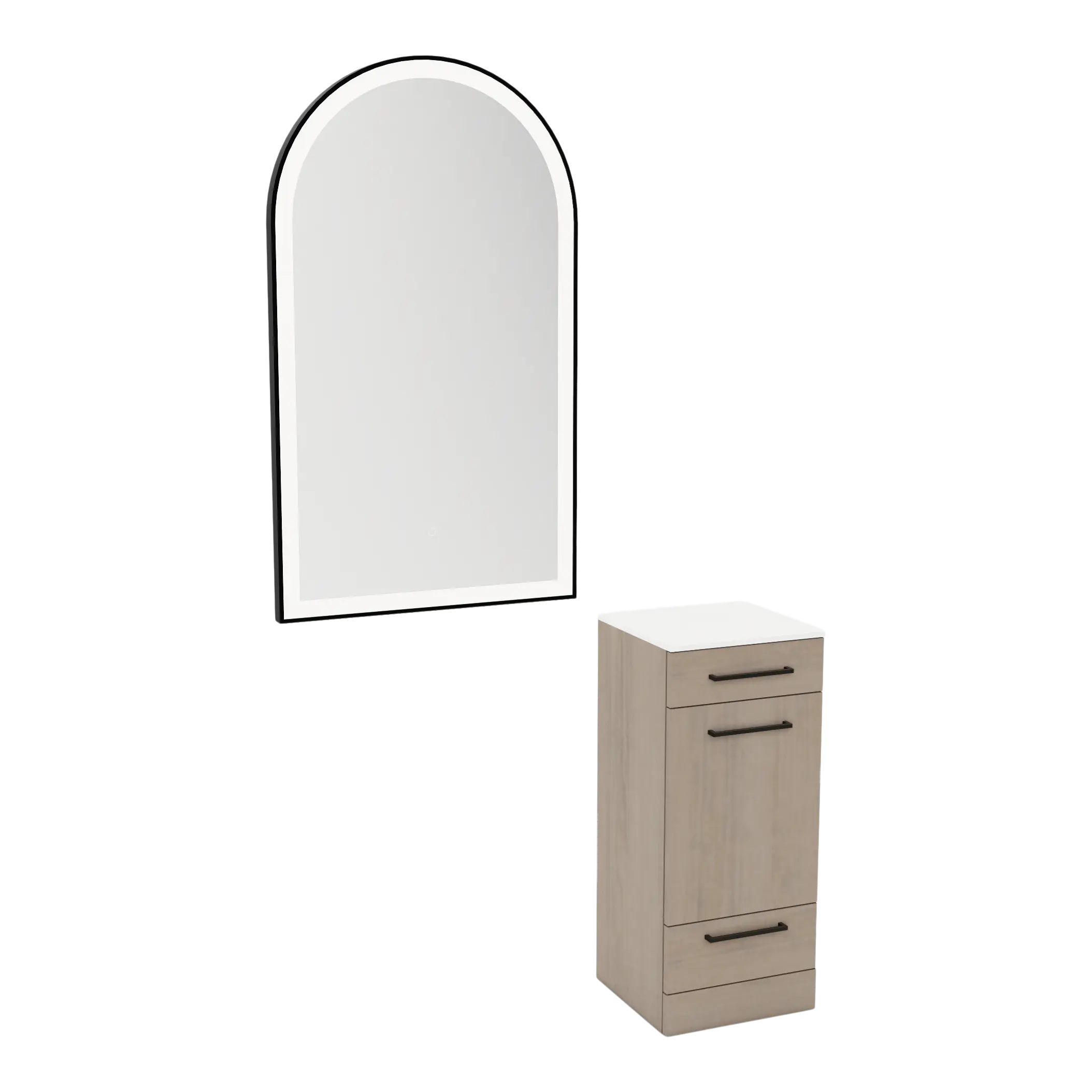 Rococo Mobile Styling Station with Tilt-out Appliance Holder, Solid Surface Countertop, and Black Arch Paloma Mirror
