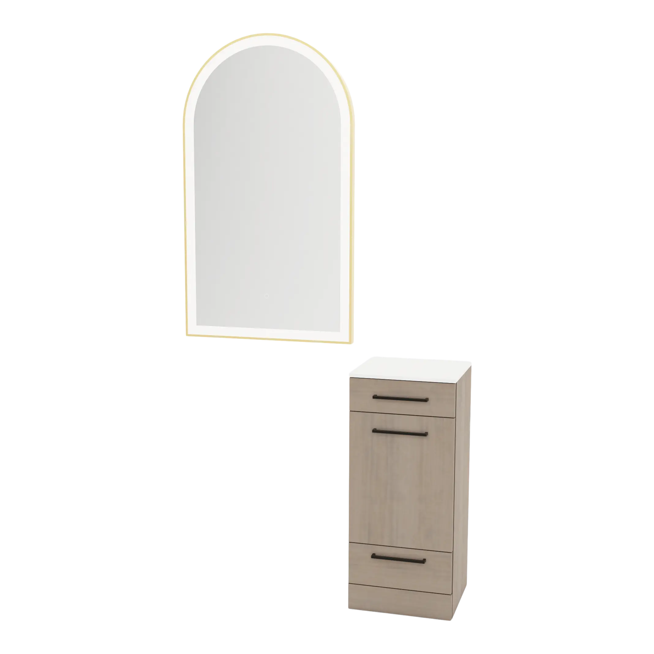 Rococo Mobile Styling Station with Tilt-out Appliance Holder, Solid Surface Countertop, and Gold Arch Paloma Mirror