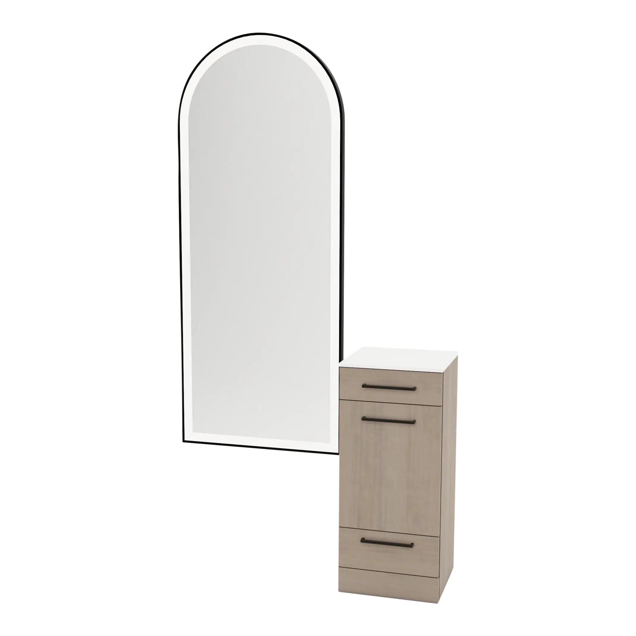 Rococo Mobile Styling Station with Tilt-out Appliance Holder, Solid Surface Countertop, and Black Full-Length Arch Paloma Mirror