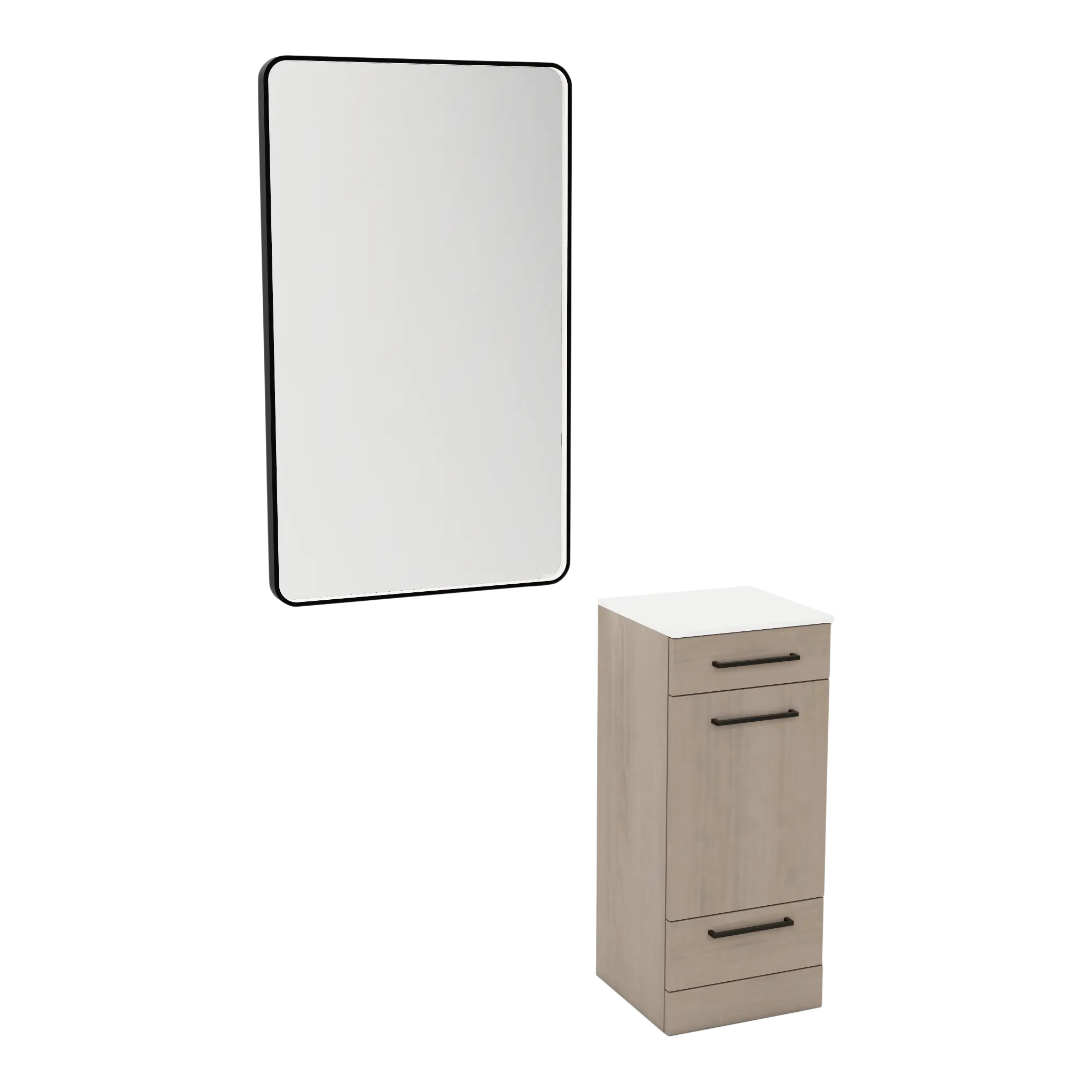 Rococo Mobile Styling Station with Tilt-out Appliance Holder, Solid Surface Countertop, and Black Rectangle Westin Mirror