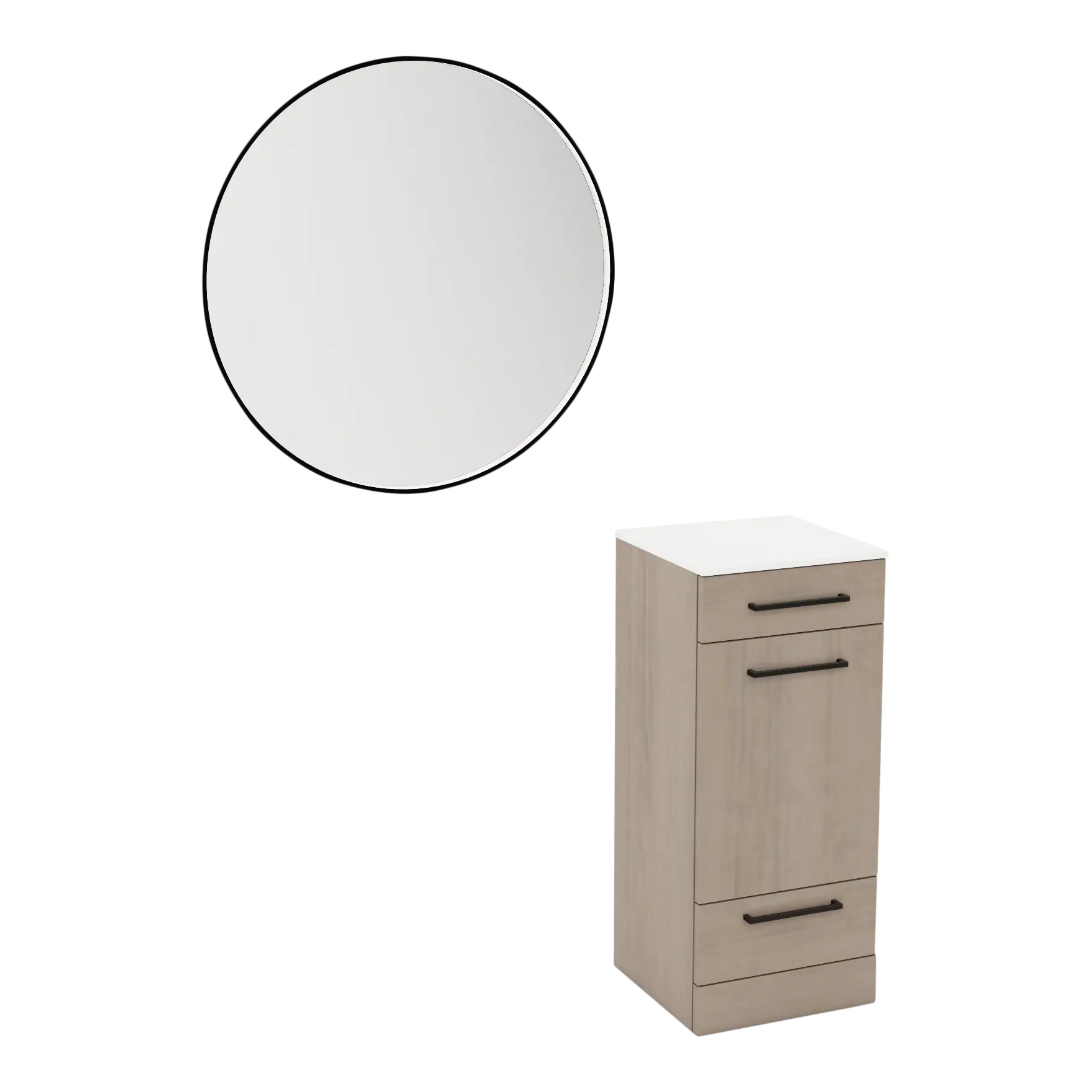 Rococo Mobile Styling Station with Tilt-out Appliance Holder, Solid Surface Countertop, and Black Round Westin Mirror