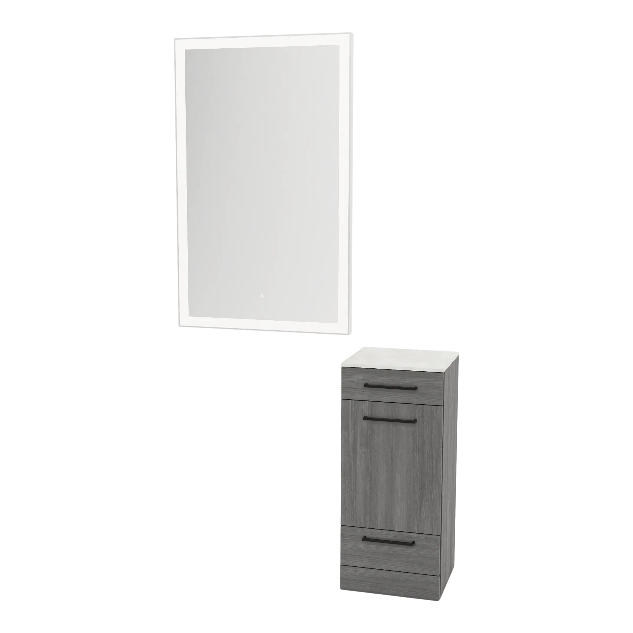 Rococo Mobile Styling Station with Tilt-out Appliance Holder, Solid Surface Countertop, and Silver Rectangle Glo Mirror