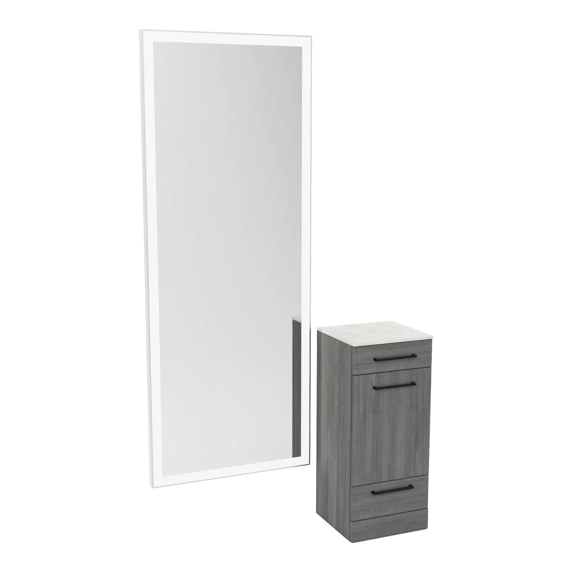 Rococo Mobile Styling Station with Tilt-out Appliance Holder, Solid Surface Countertop, and Silver Full-Length Rectangle Glo Mirror