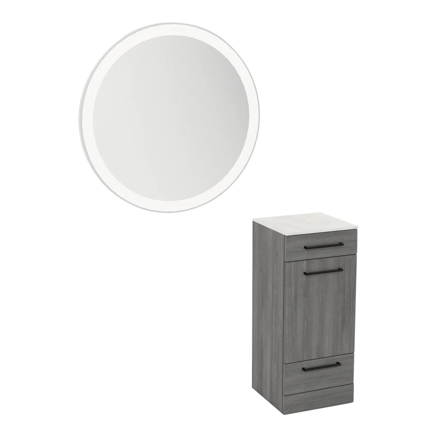 Rococo Mobile Styling Station with Tilt-out Appliance Holder, Solid Surface Countertop, and Silver Round Glo Mirror