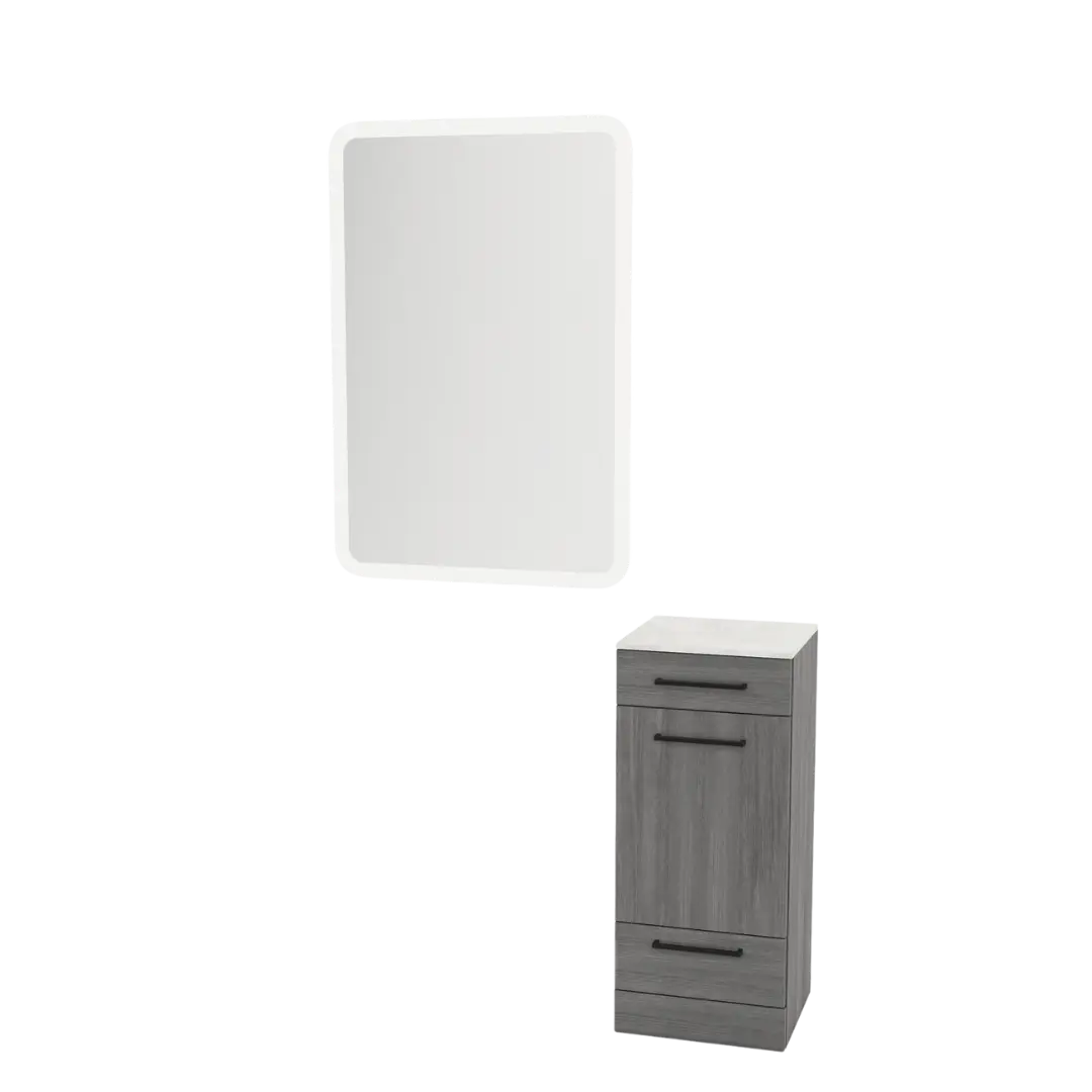 Rococo Mobile Styling Station with Tilt-out Appliance Holder, Solid Surface Countertop, and White Rectangle Illuminate Back Lit Mirror