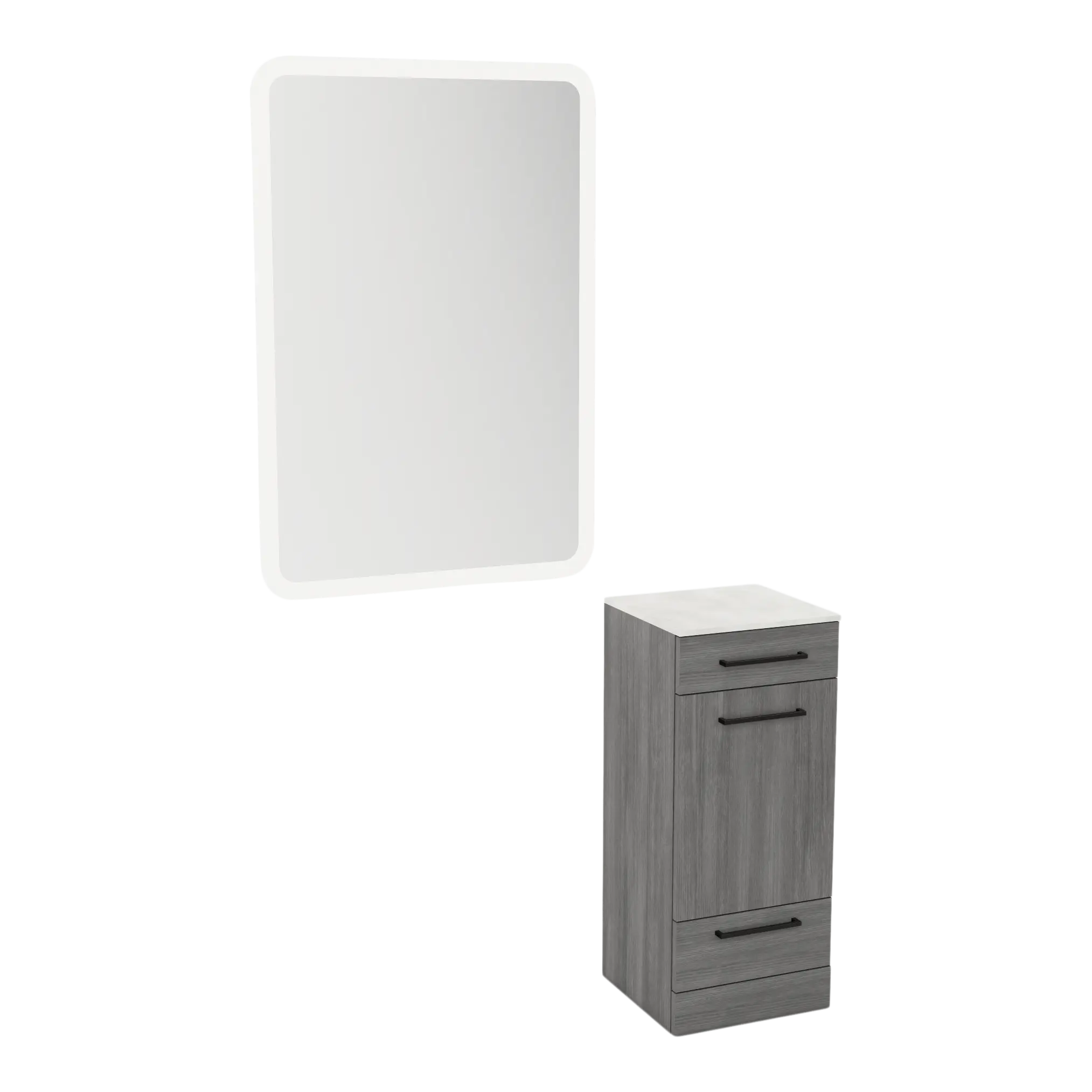 Rococo Mobile Styling Station with Tilt-out Appliance Holder, Solid Surface Countertop, and White Rectangle Illuminate Back Lit Mirror