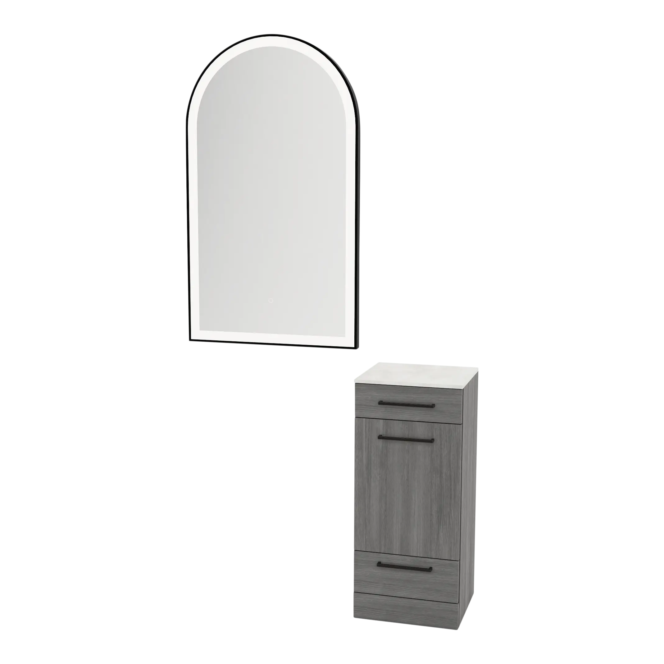 Rococo Mobile Styling Station with Tilt-out Appliance Holder, Solid Surface Countertop, and Black Arch Paloma Mirror