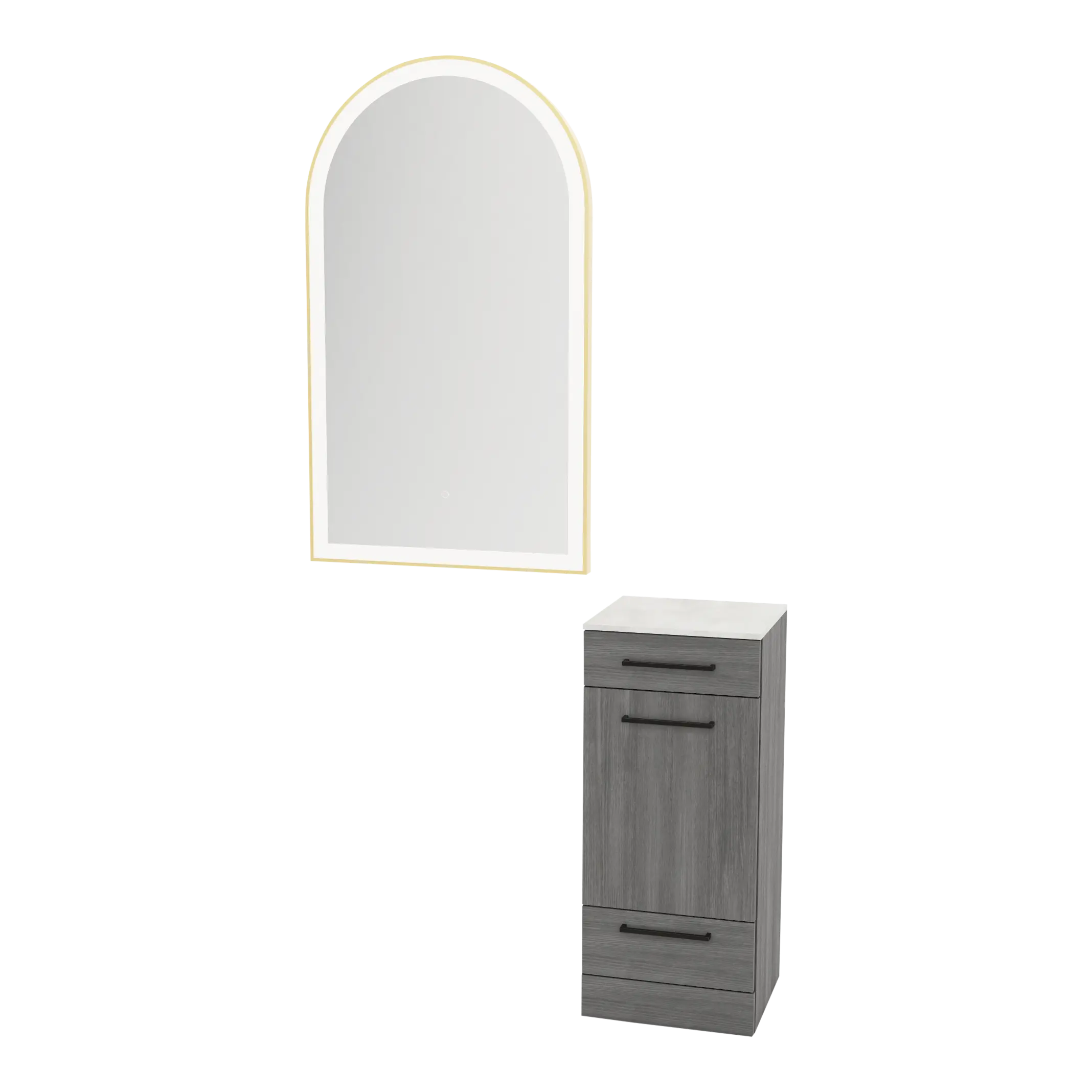 Rococo Mobile Styling Station with Tilt-out Appliance Holder, Solid Surface Countertop, and Gold Arch Paloma Mirror