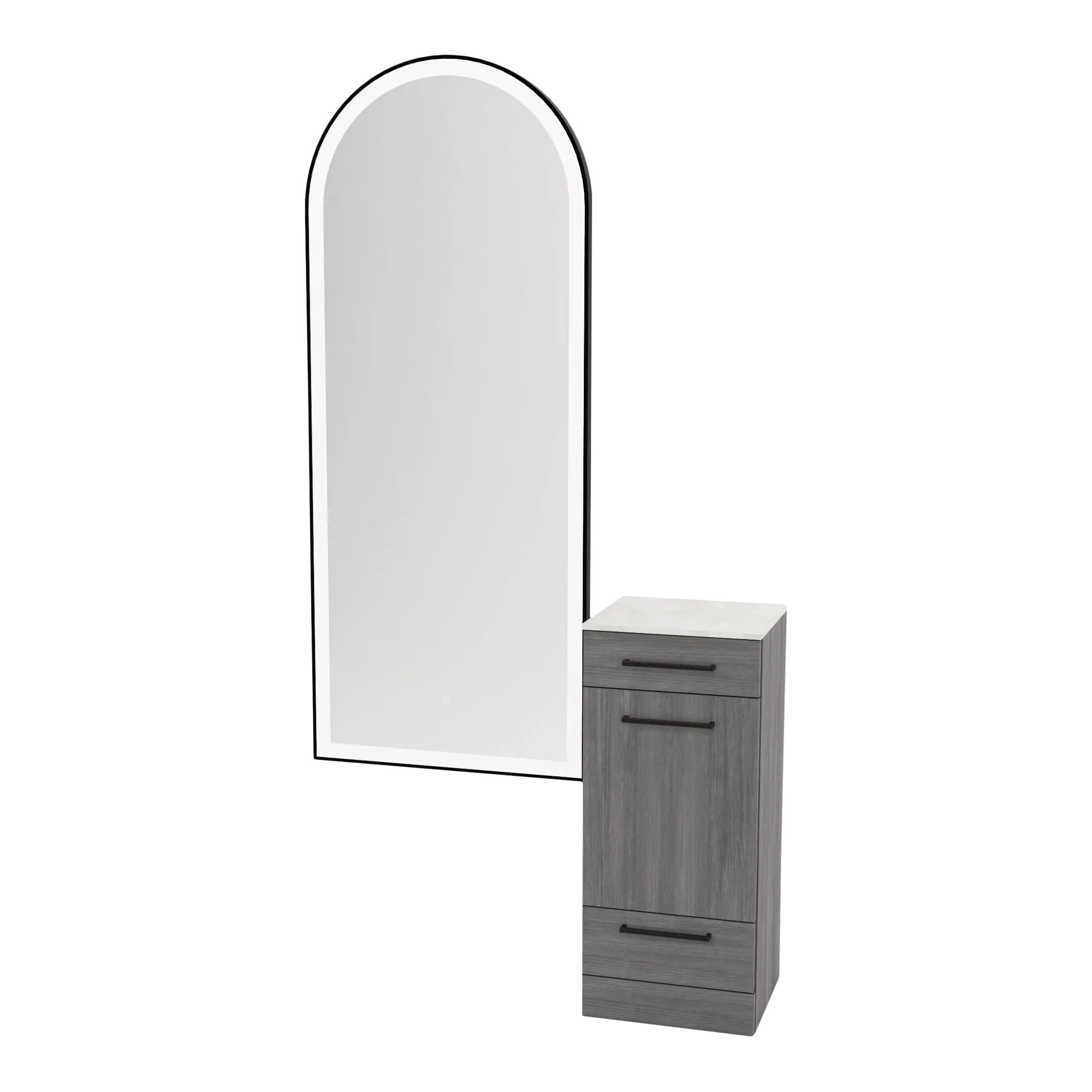 Rococo Mobile Styling Station with Tilt-out Appliance Holder, Solid Surface Countertop, and Black Full-Length Arch Paloma Mirror