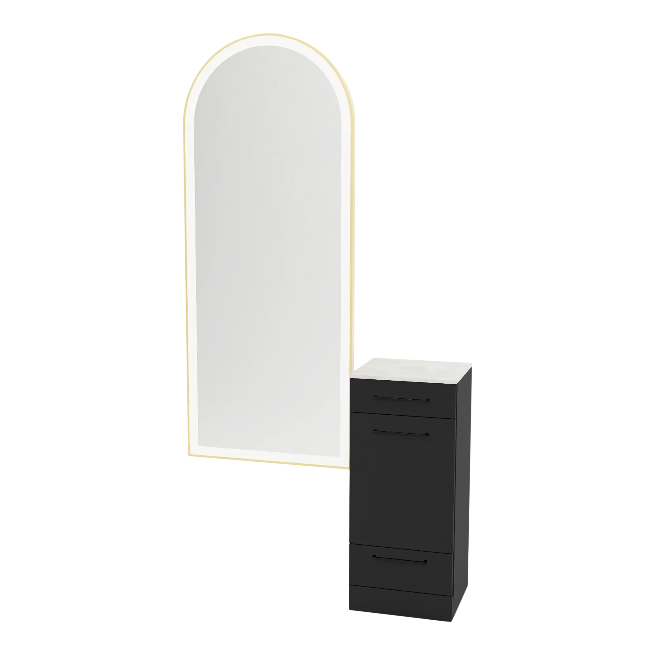 Rococo Mobile Styling Station with Tilt-out Appliance Holder, Solid Surface Countertop, and Gold Full-Length Arch Paloma Mirror