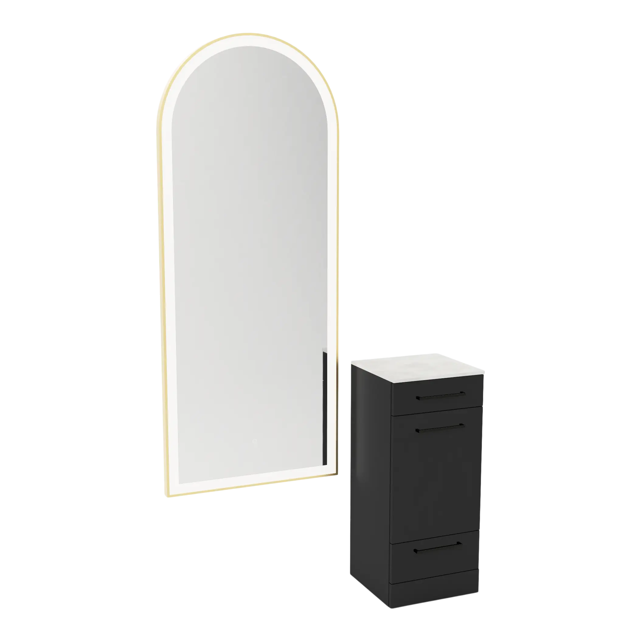 Rococo Mobile Styling Station with Tilt-out Appliance Holder, Solid Surface Countertop, and Gold Full-Length Arch Paloma Mirror