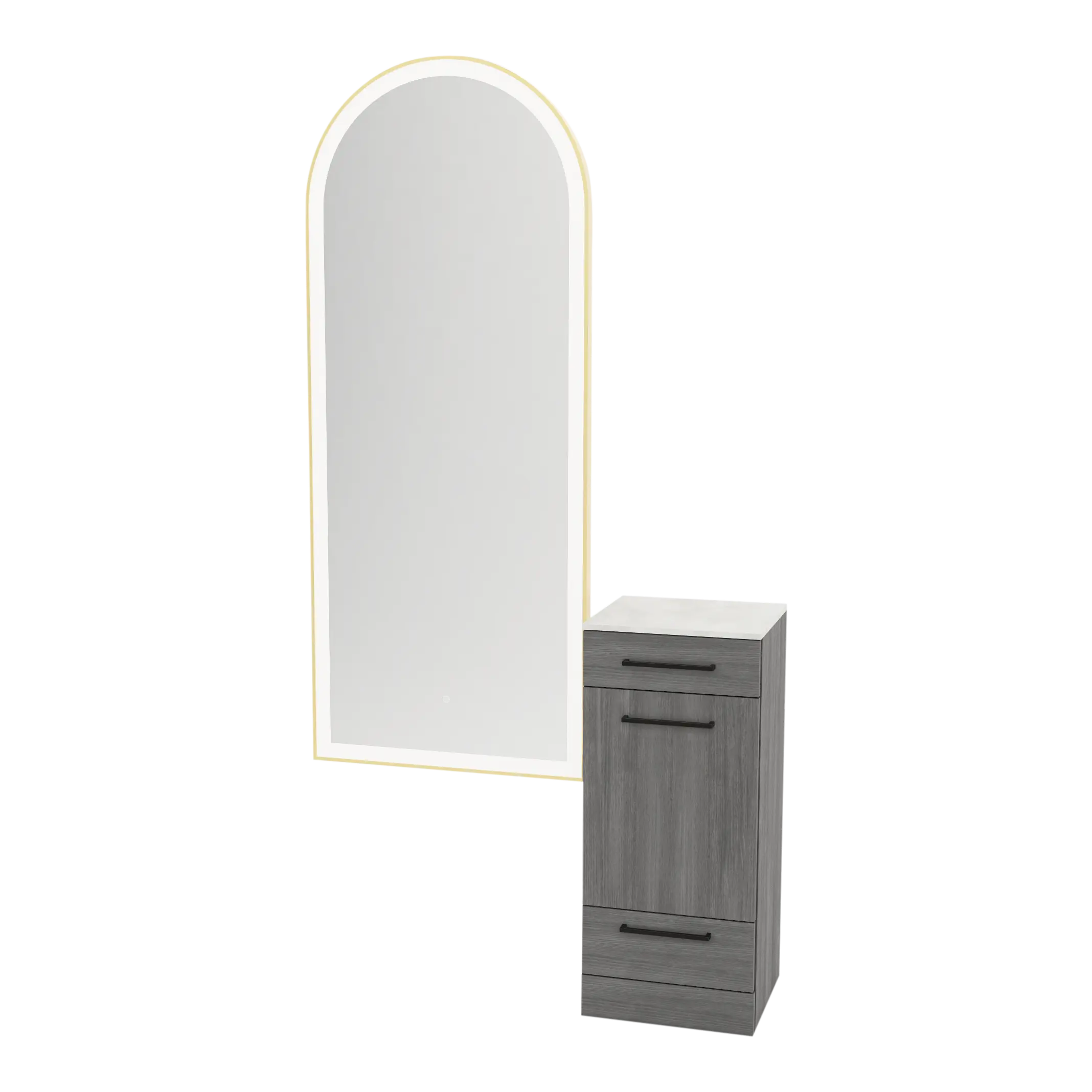 Rococo Mobile Styling Station with Tilt-out Appliance Holder, Solid Surface Countertop, and Gold Full-Length Arch Paloma Mirror