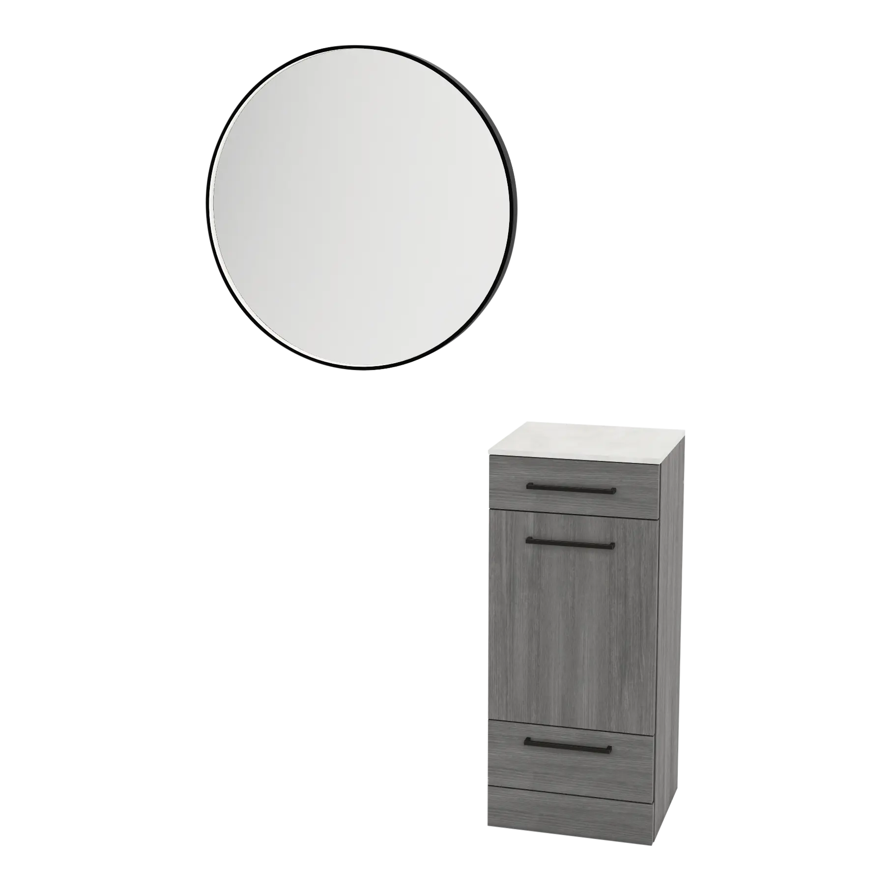 Rococo Mobile Styling Station with Tilt-out Appliance Holder, Solid Surface Countertop, and Black Round Westin Mirror