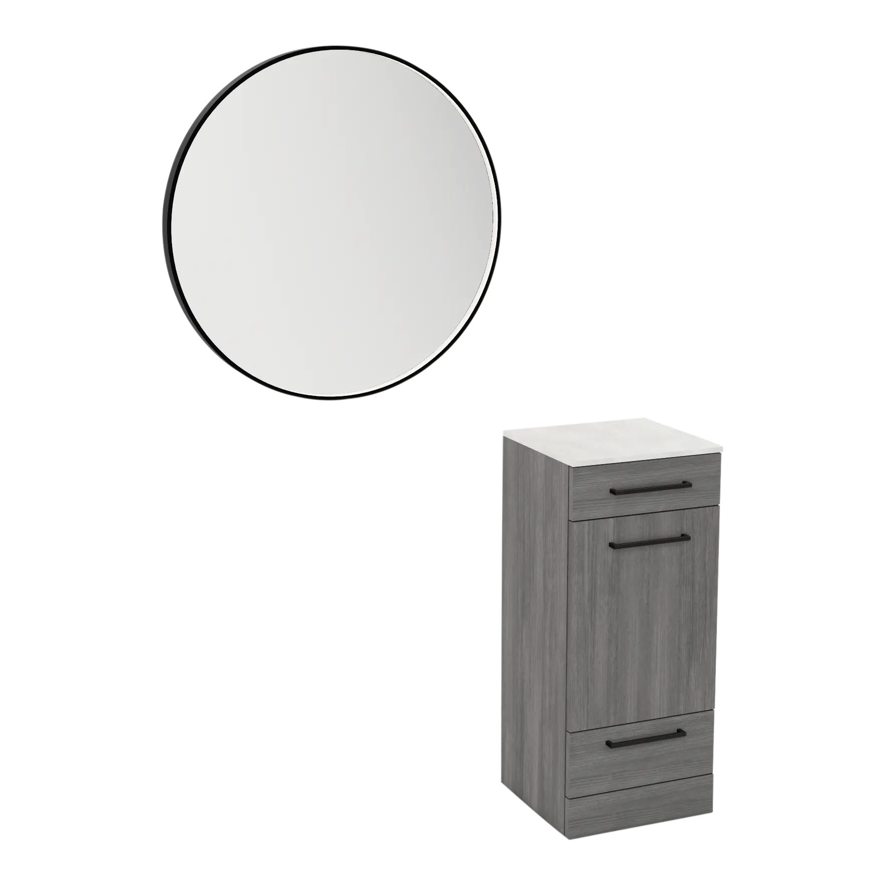 Rococo Mobile Styling Station with Tilt-out Appliance Holder, Solid Surface Countertop, and Black Round Westin Mirror